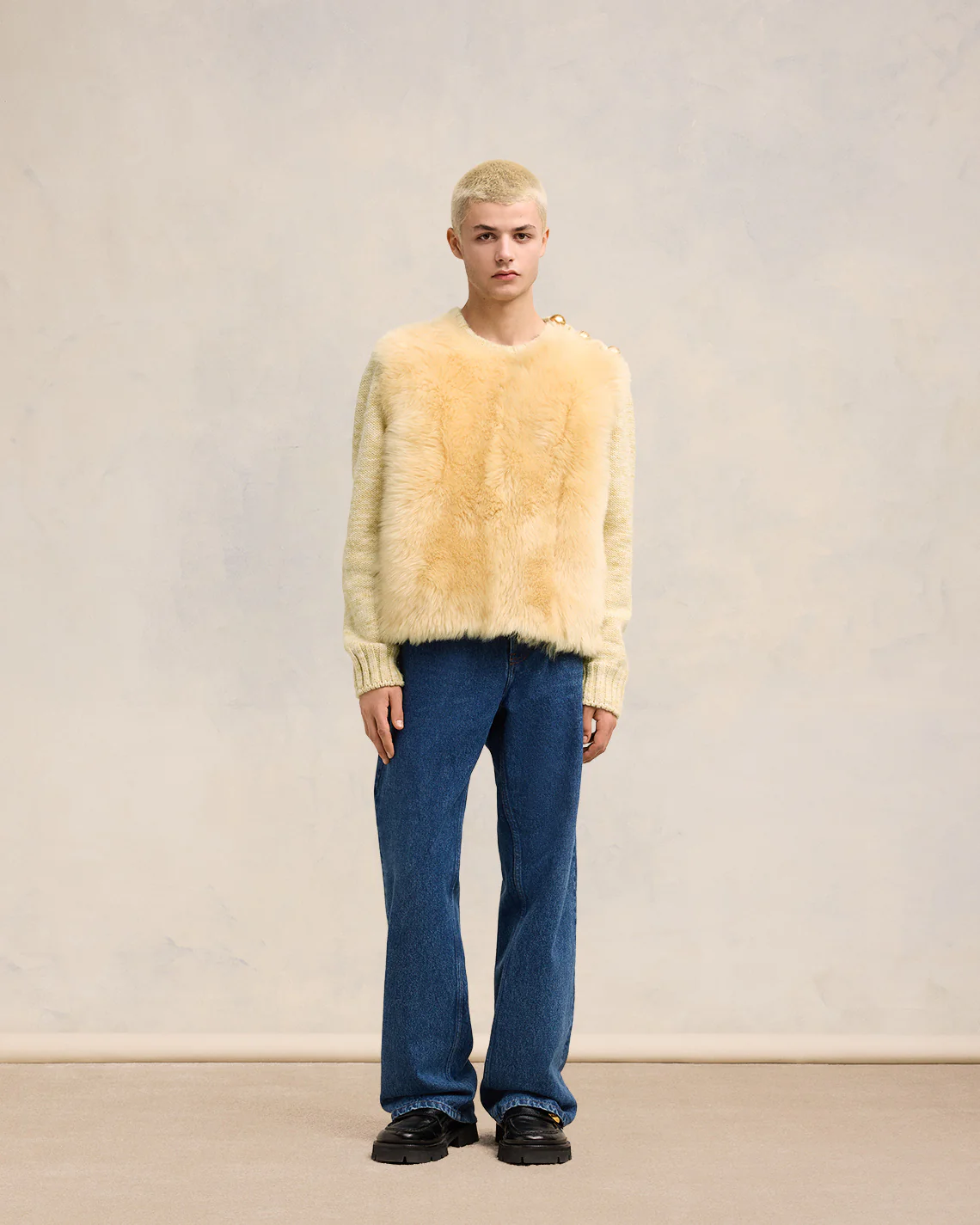 Light Sand/Off White Shearling Crew Neck Sweater - leoleo123123