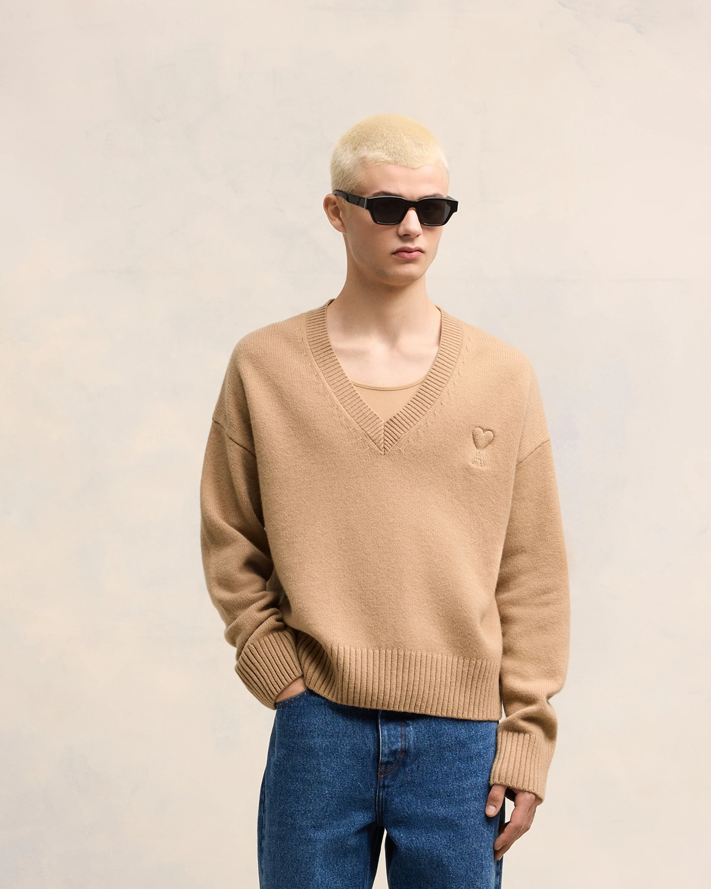 Nude Embossed Ami De Coeur V Neck Sweater - leoleo123123