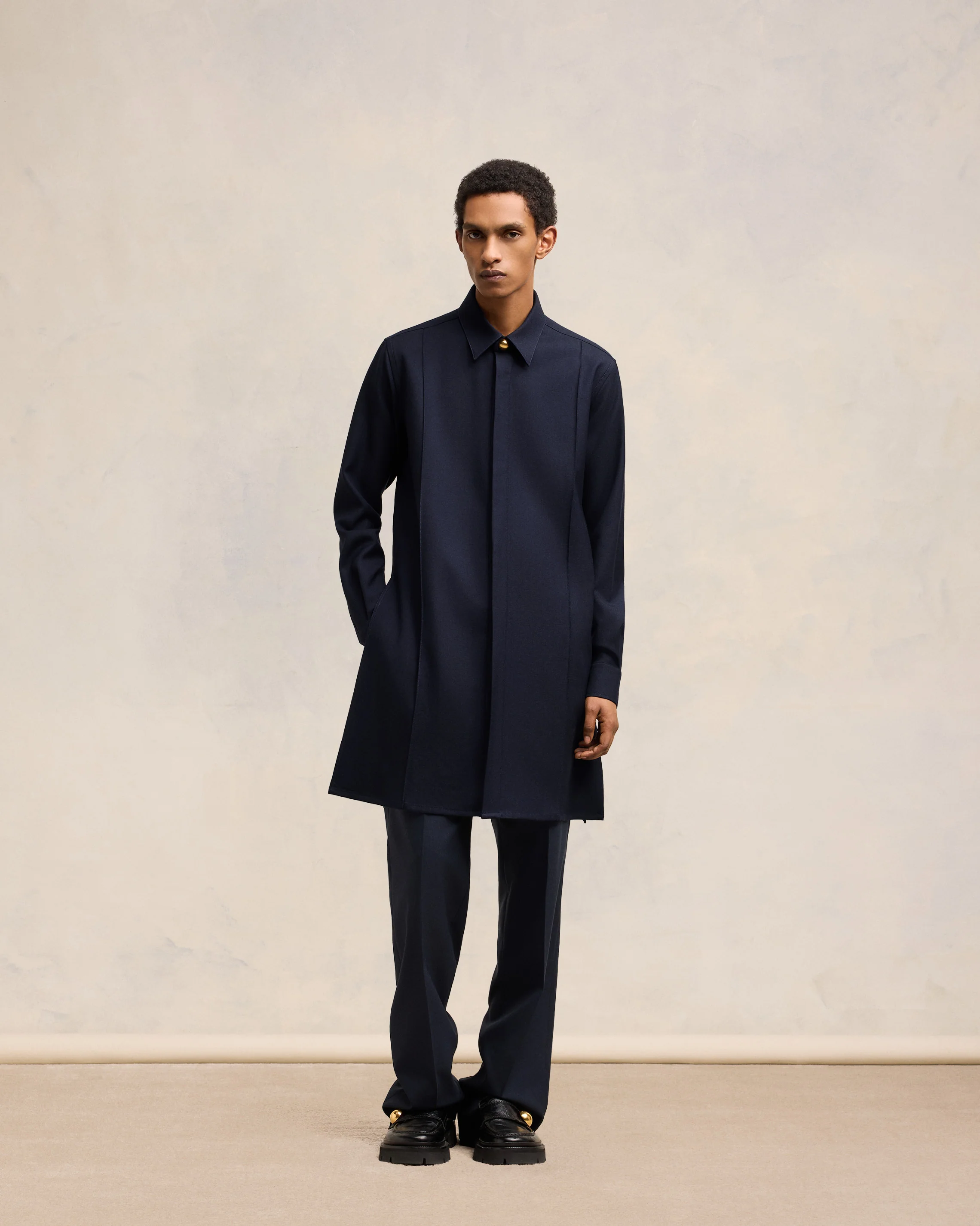 Navy Blue Long Pintuck Shirt - leoleo123123