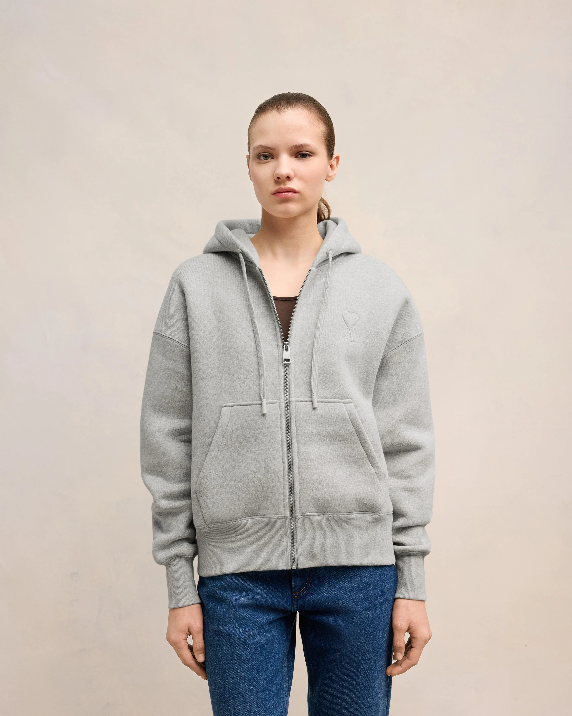 Heather Ash Grey Zipped Ami De Coeur Hoodie - leoleo123123