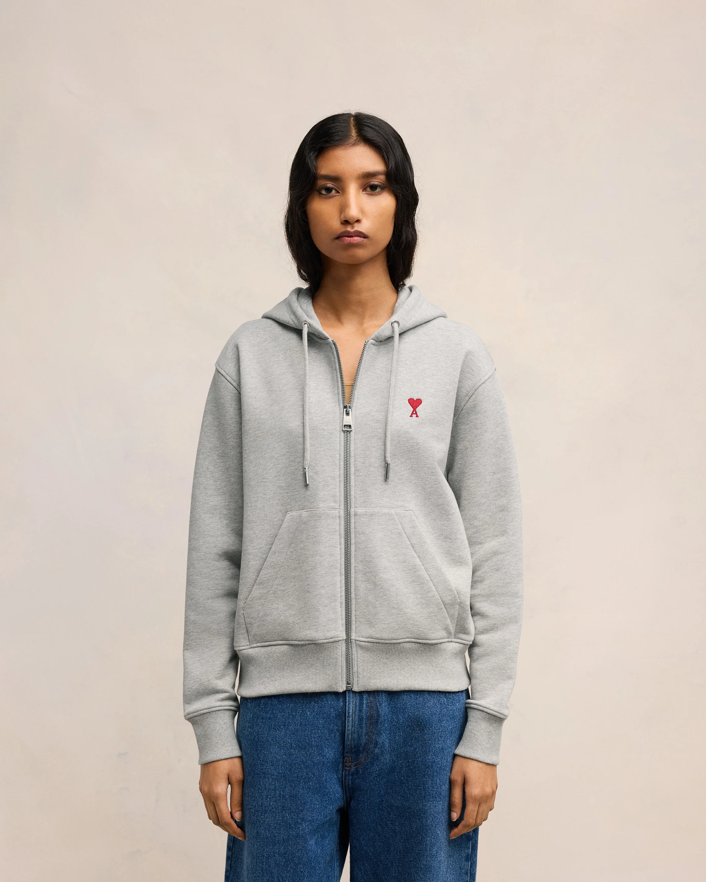 Heather Ash Grey Red Ami De Coeur Zipped Hoodie - leoleo123123