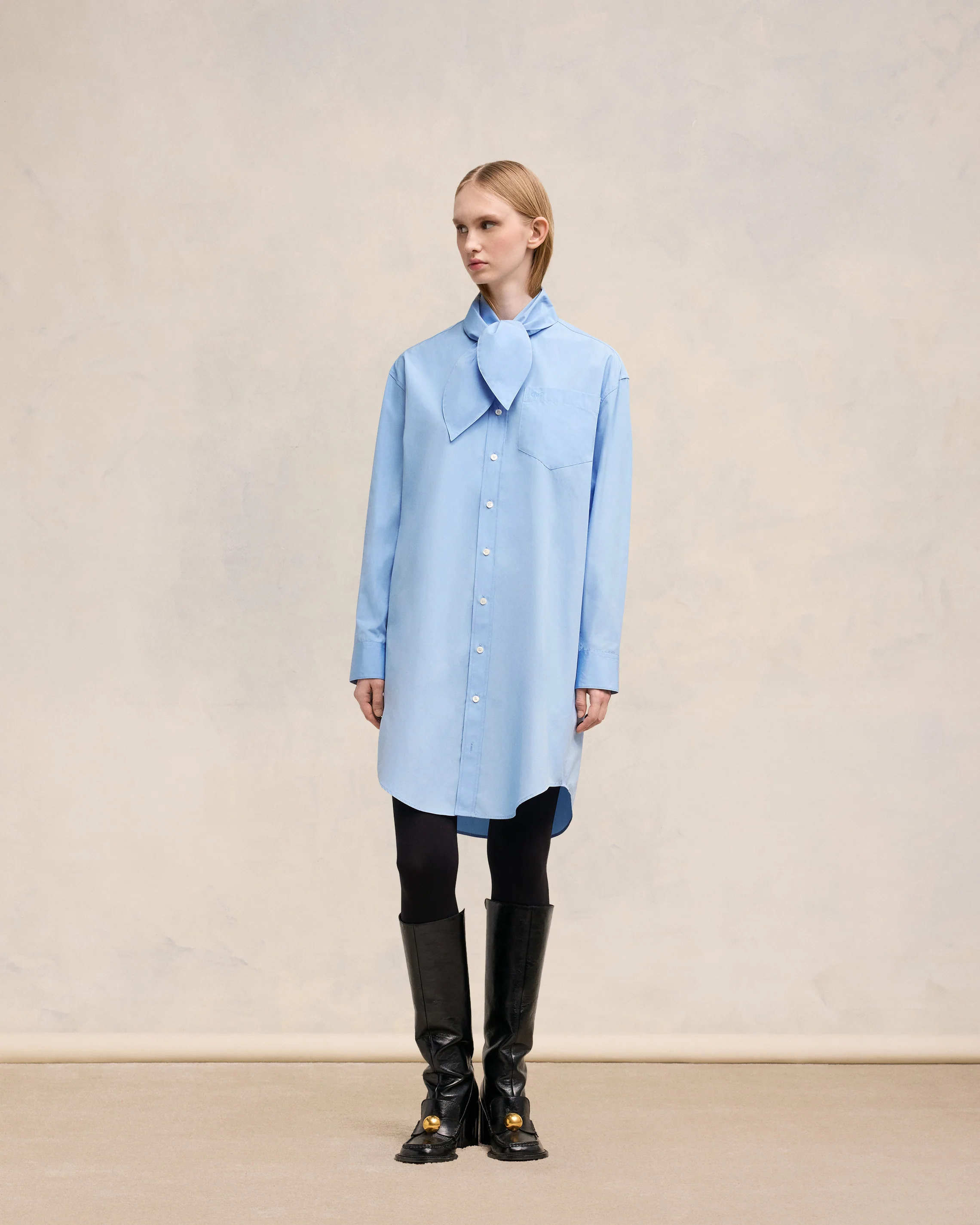 Cashmere Blue Scarf Collar Shirt Dress - leoleo123123