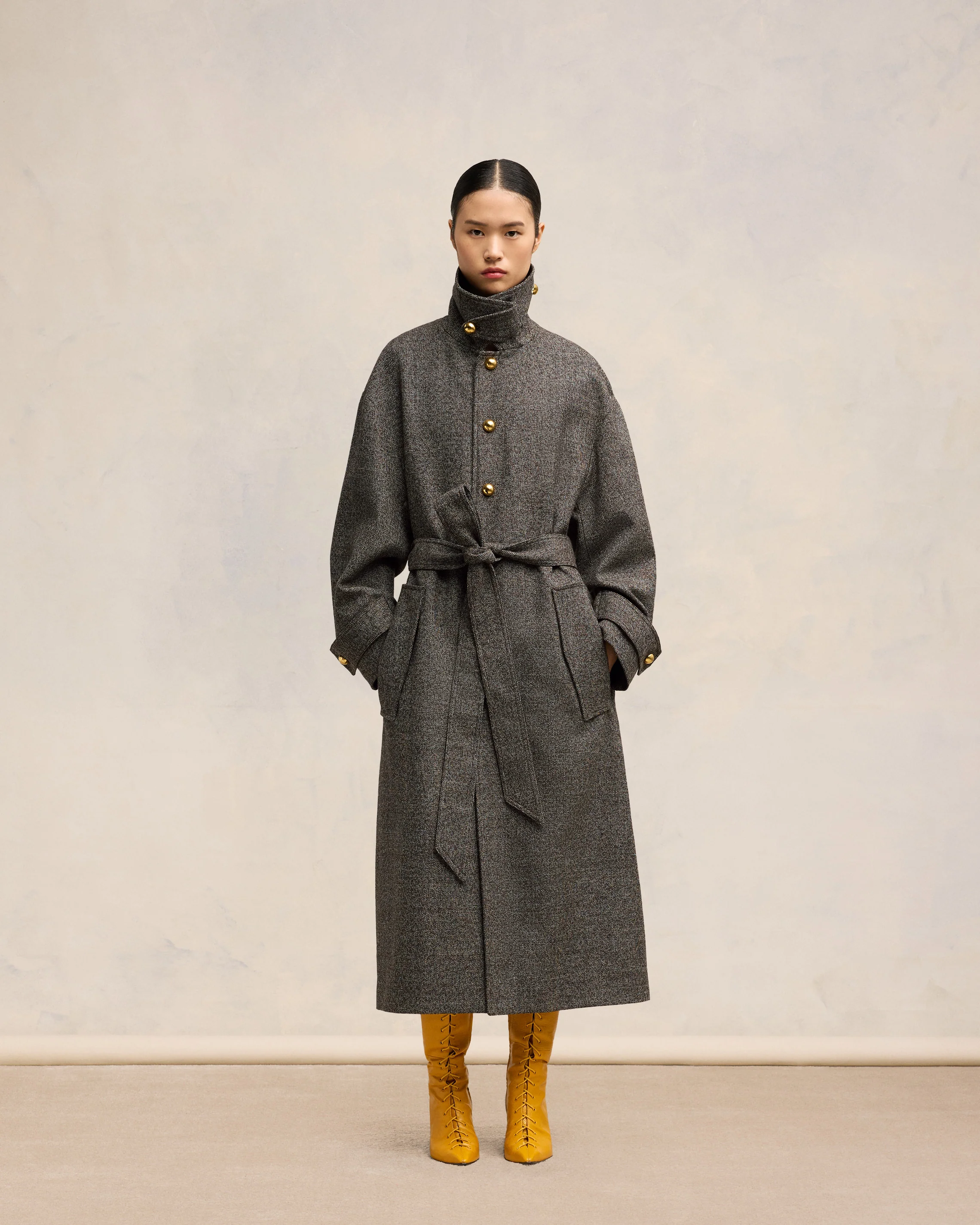 Dark Coffee/ Off White Belted Coat - leoleo123123