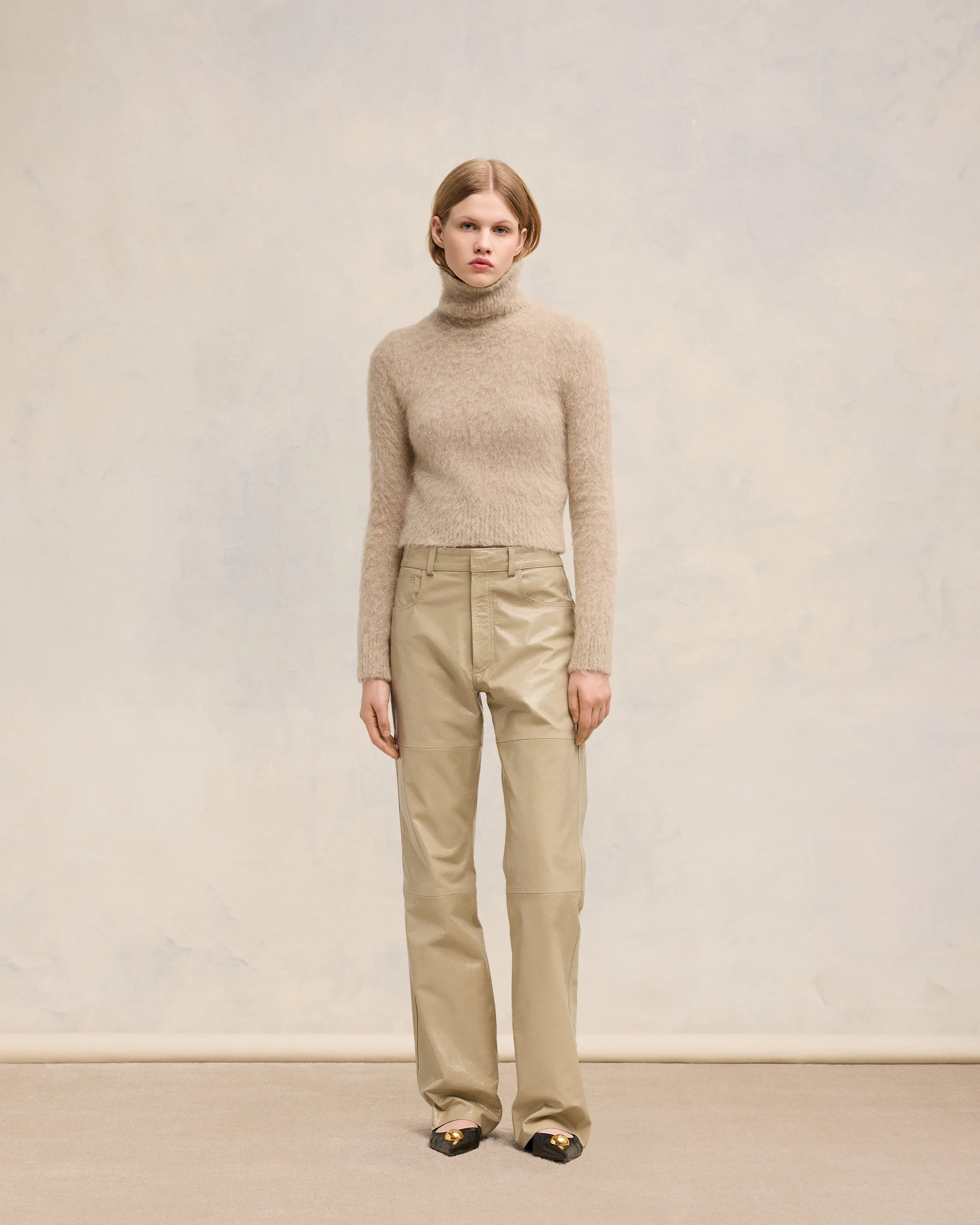 Light Sand Leather Straight Fit Trousers - leoleo123123