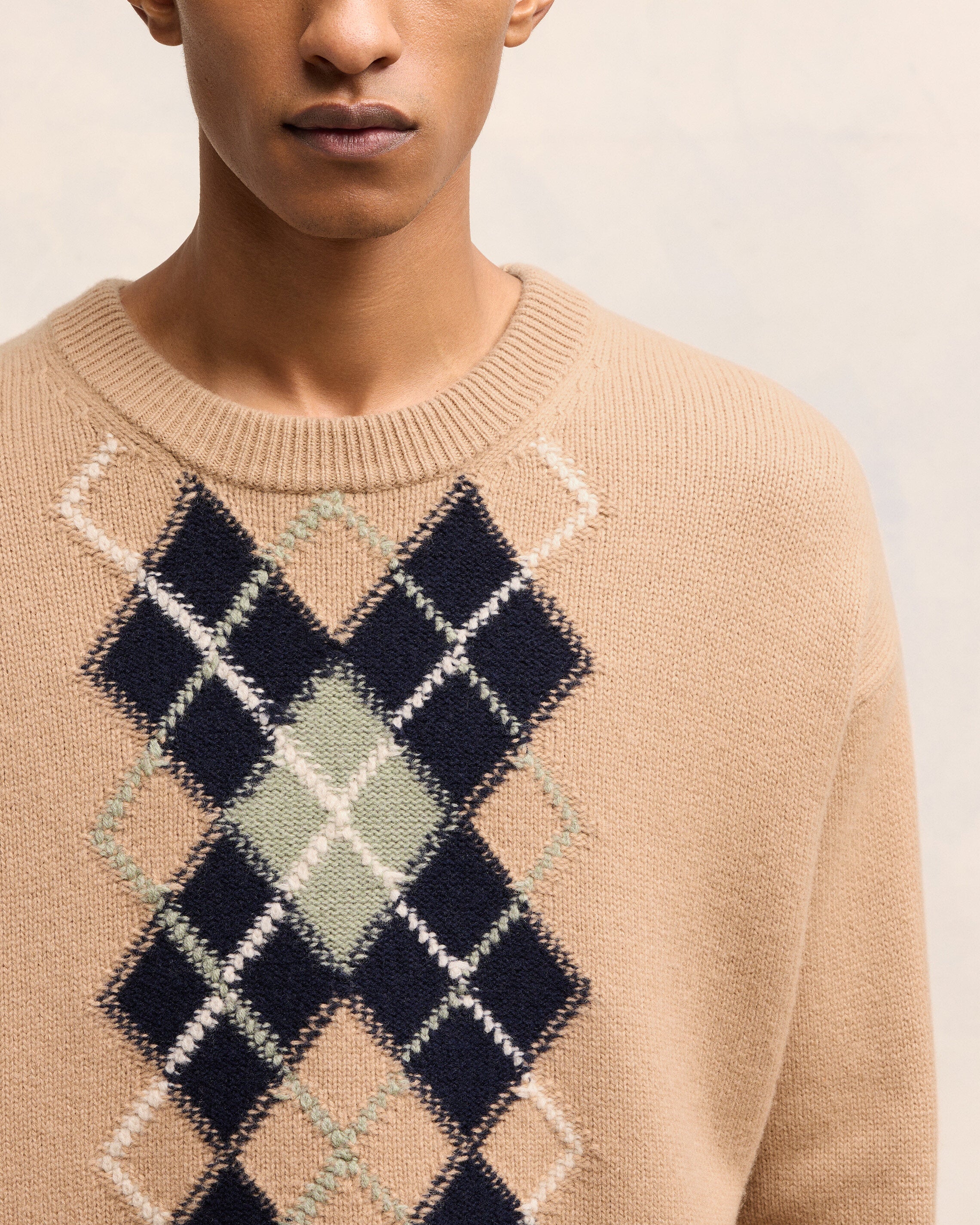 Nude/Navy/Green Aqua Argyle Double Crewneck Sweater - leoleo123123