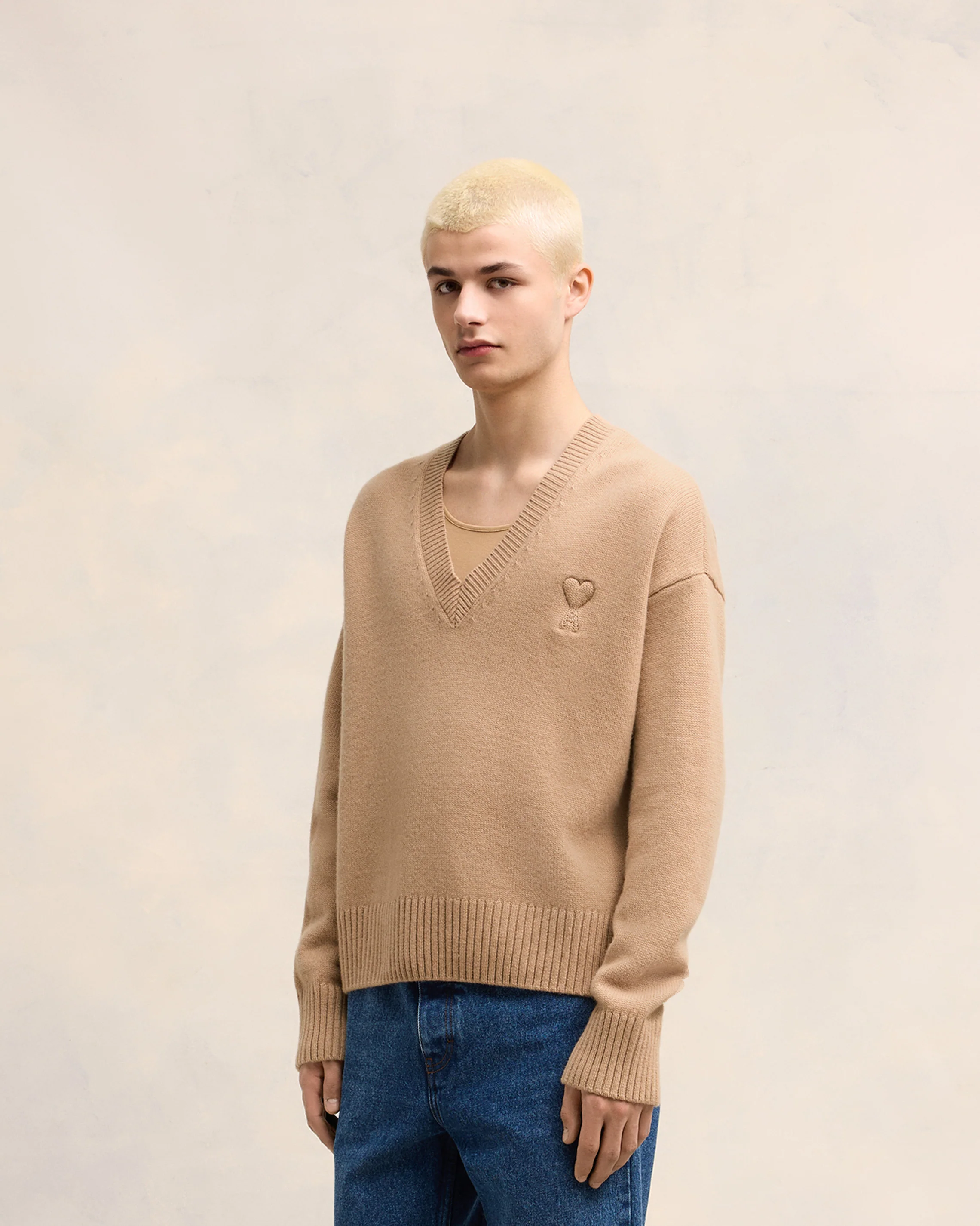 Nude Embossed Ami De Coeur V Neck Sweater - leoleo123123