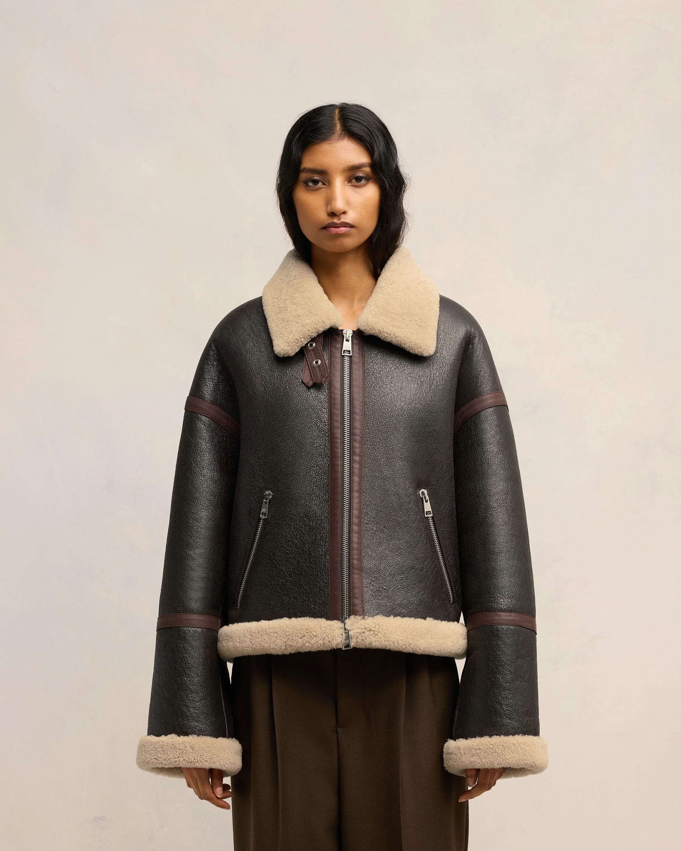 Dark Coffee Shearling Zipped Jacket - leoleo123123
