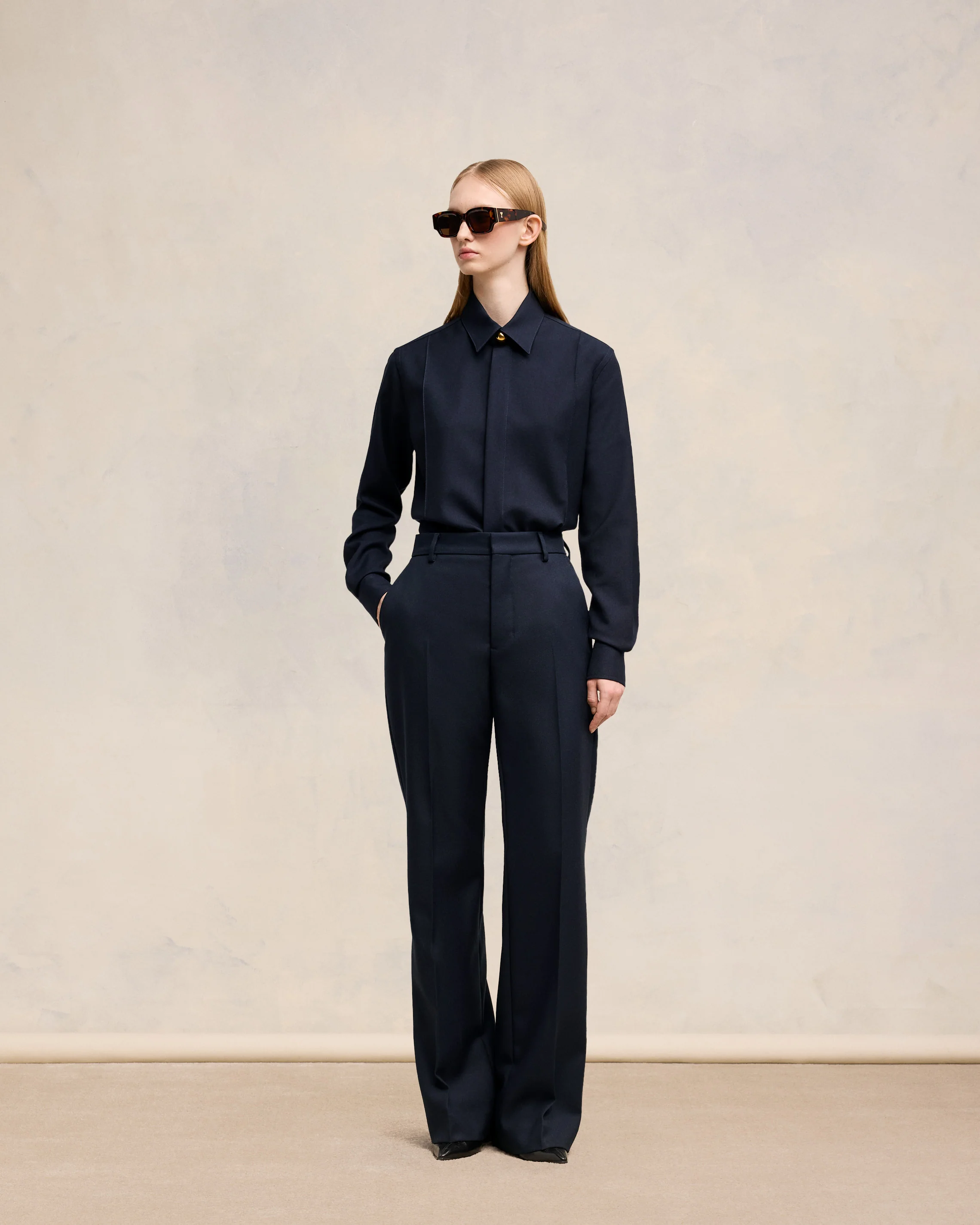Navy Blue Pintuck Shirt - leoleo123123