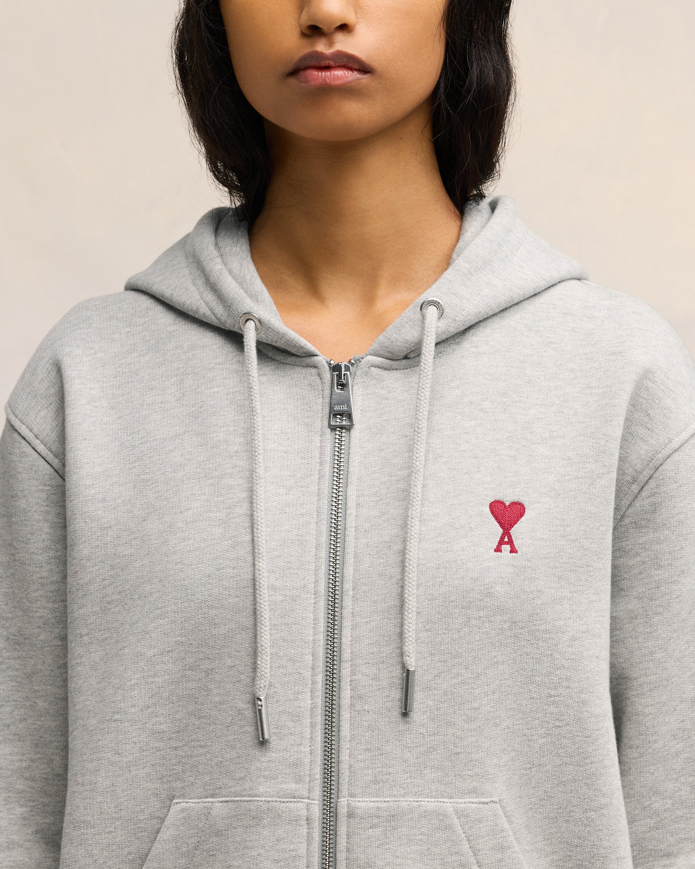 Heather Ash Grey Red Ami De Coeur Zipped Hoodie - leoleo123123