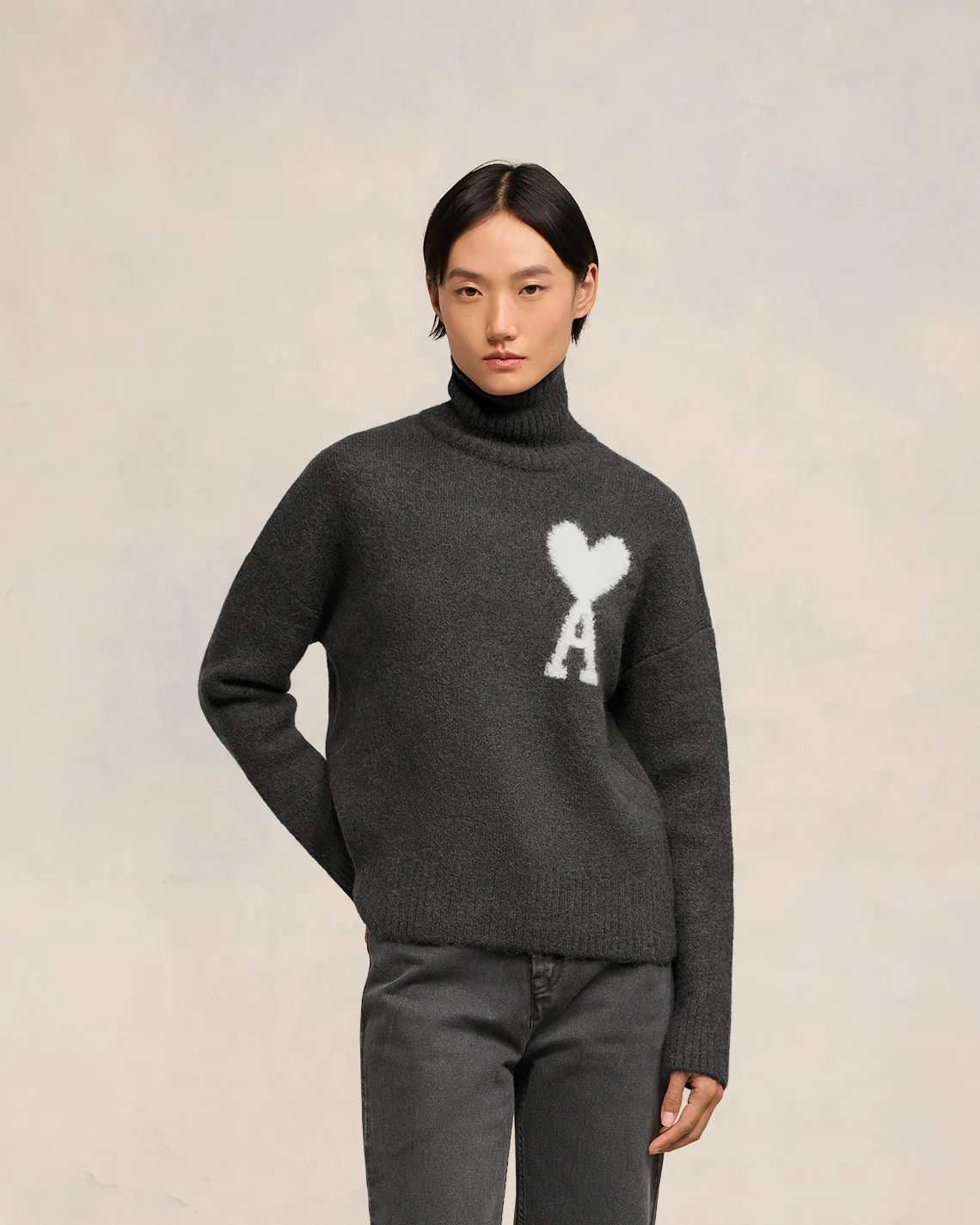 Dark Grey Off-White Ami De Coeur Funnel Neck Sweater - leoleo123123