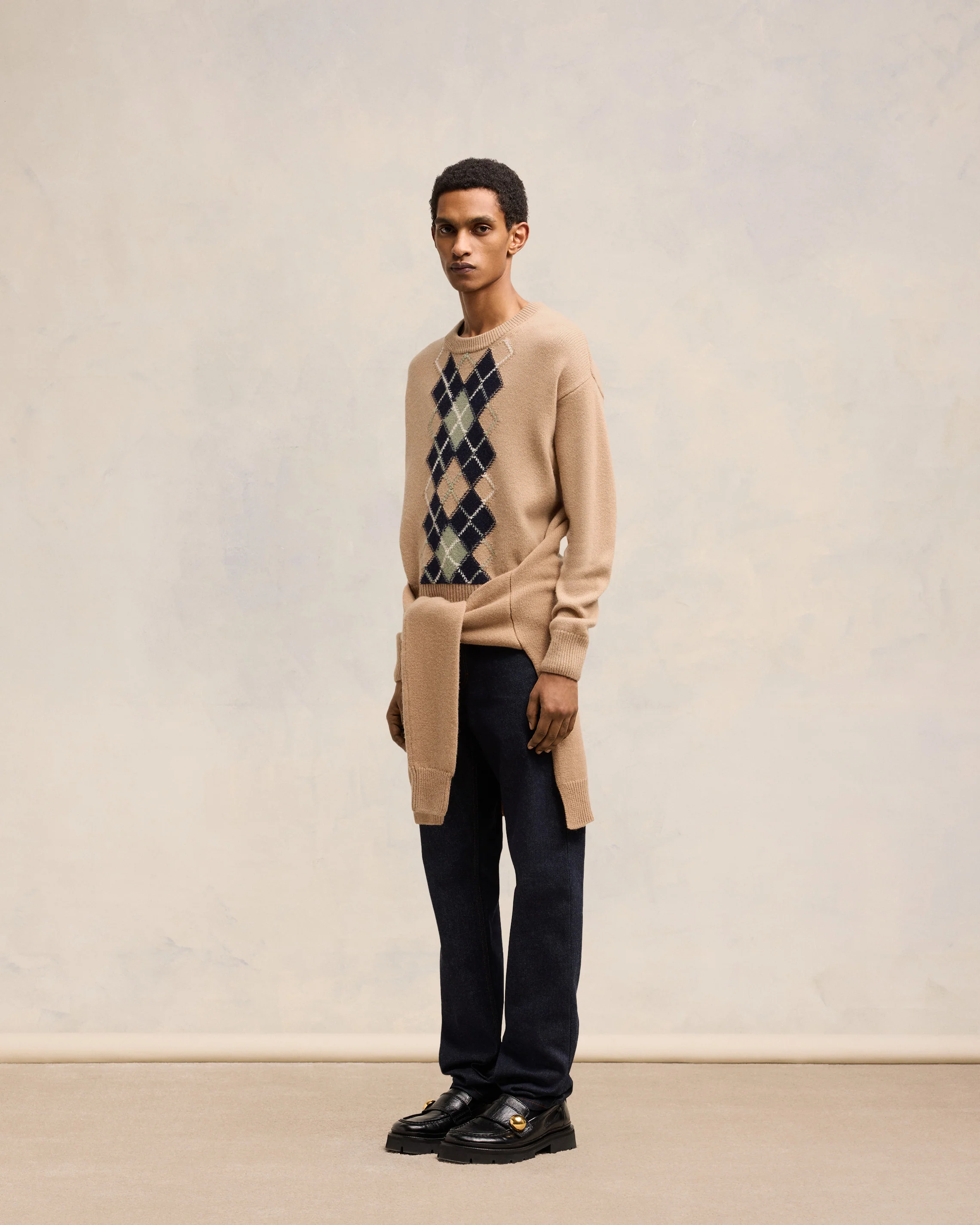 Nude/Navy/Green Aqua Argyle Double Crewneck Sweater - leoleo123123