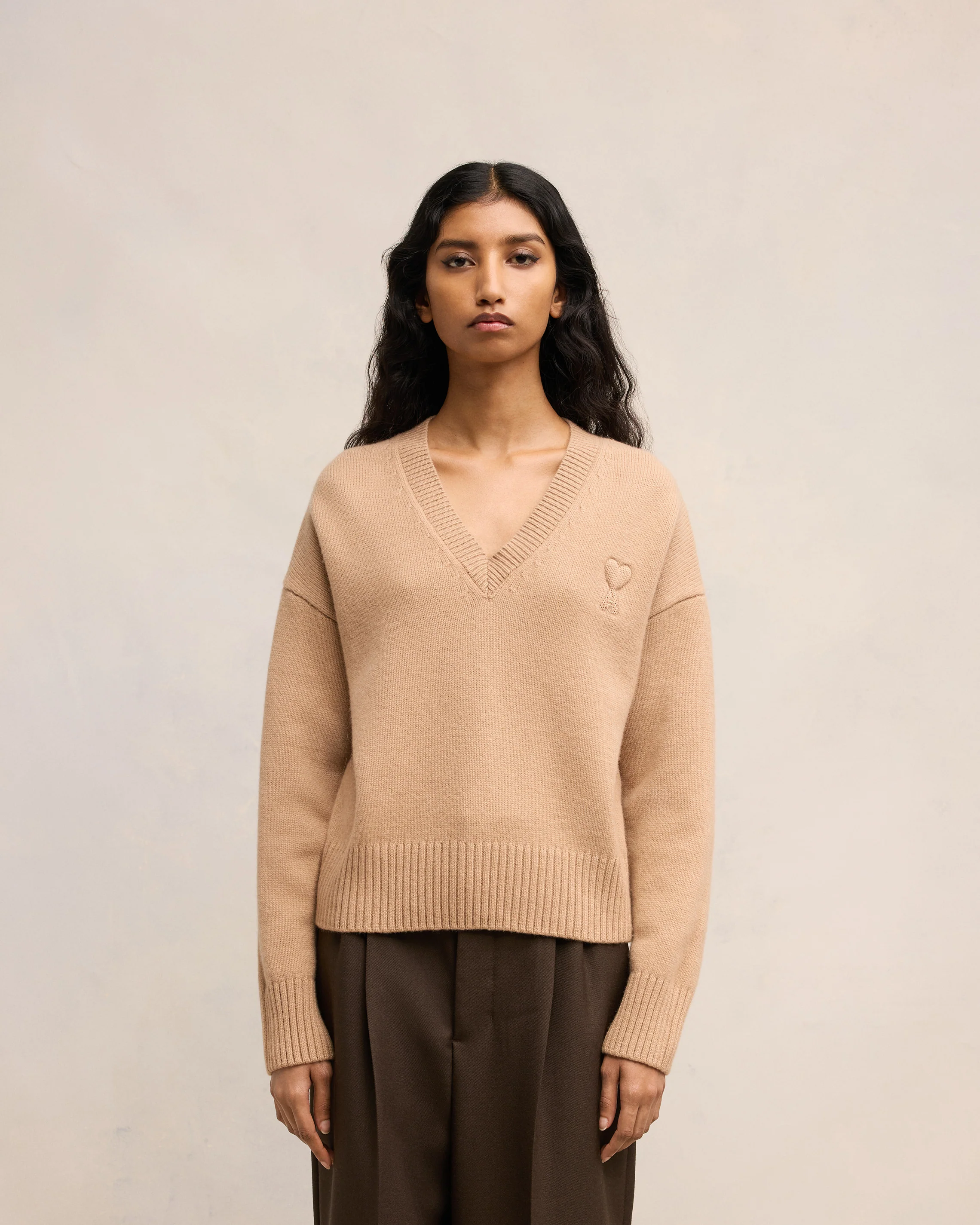 Nude Embossed Ami De Coeur V Neck Sweater - leoleo123123
