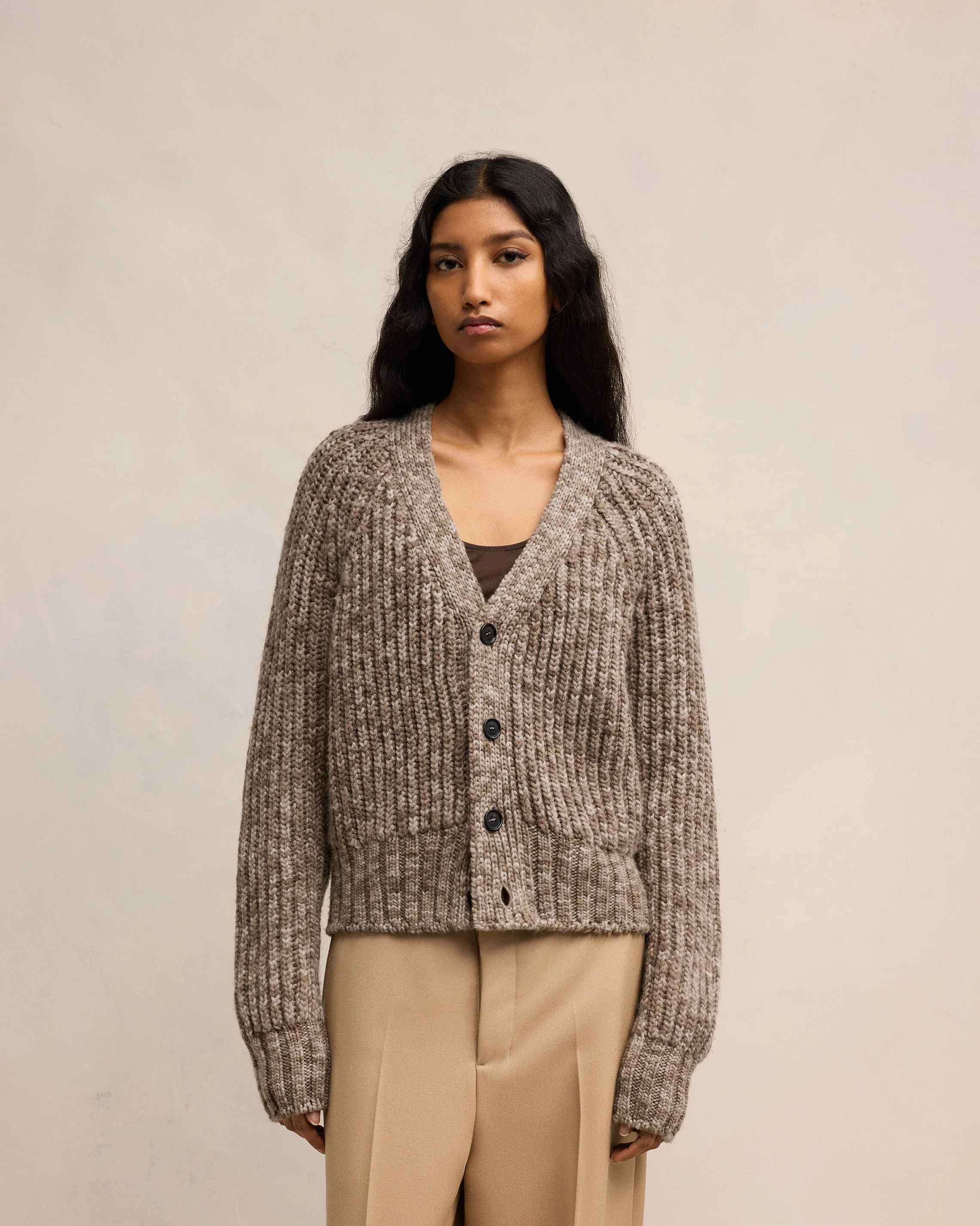Dark Coffe/Light Sand Ribbed Cardigan - leoleo123123