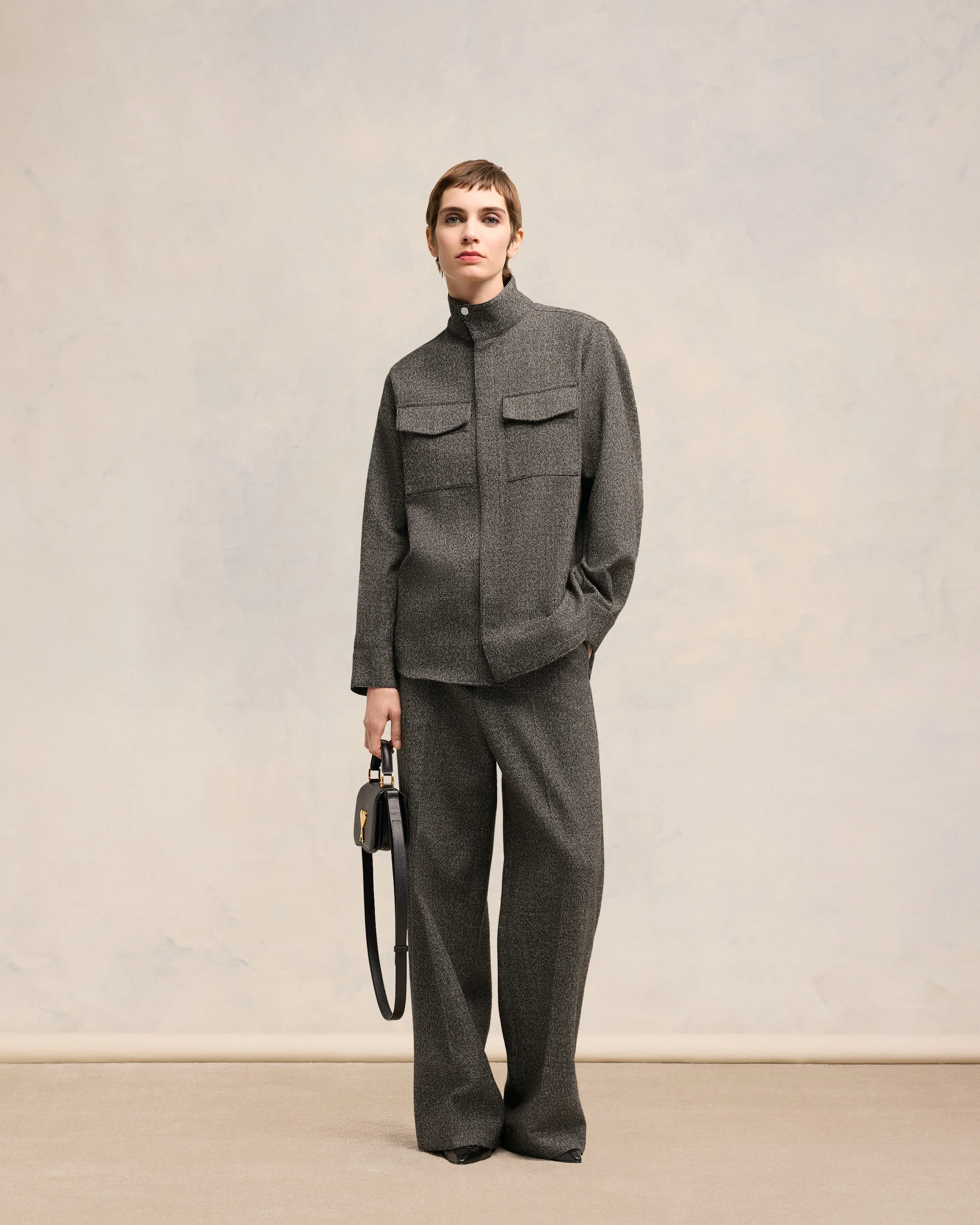 Dark Coffee/ Off White High Collar Shirt - leoleo123123