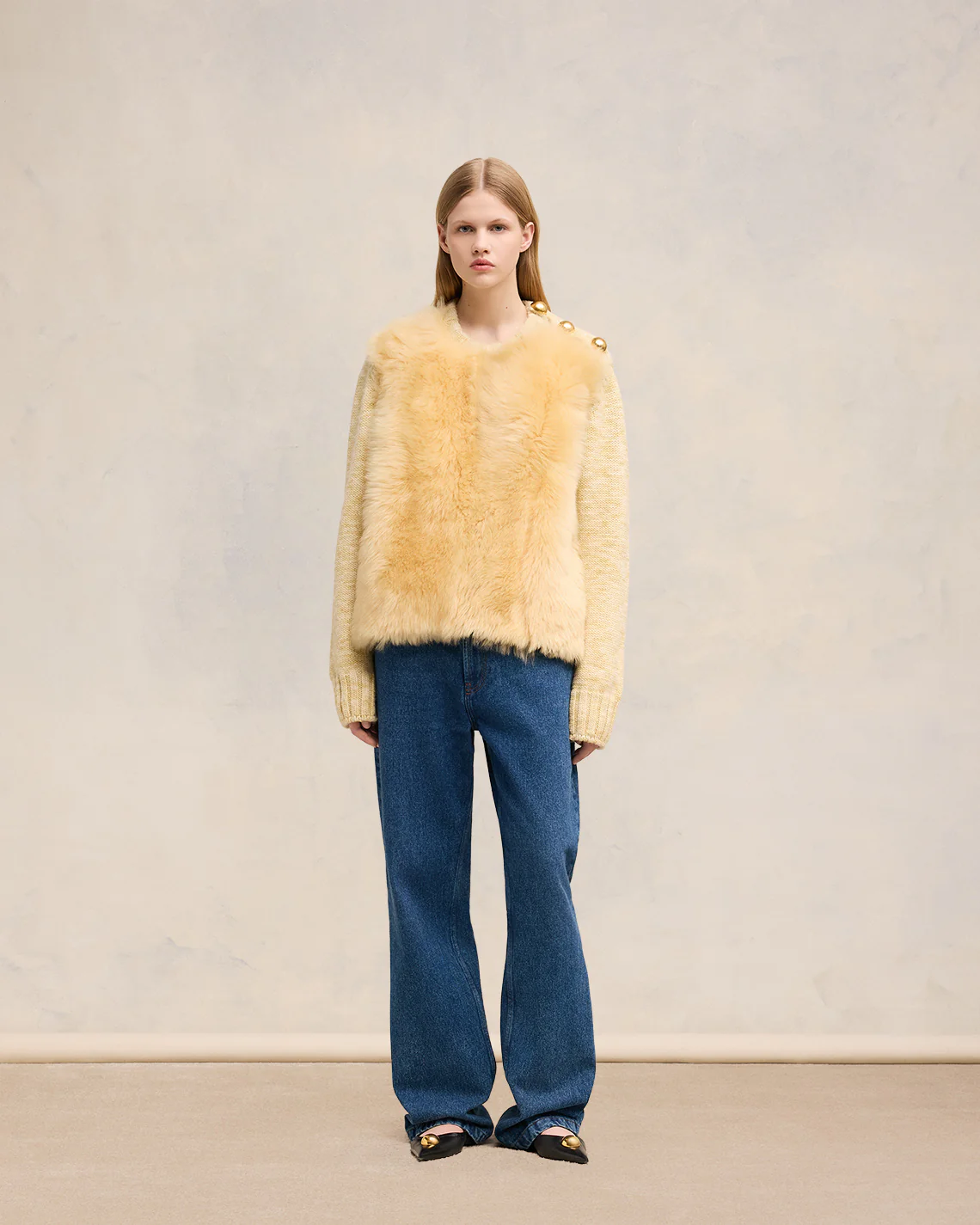 Light Sand/Off White Shearling Crew Neck Sweater - leoleo123123