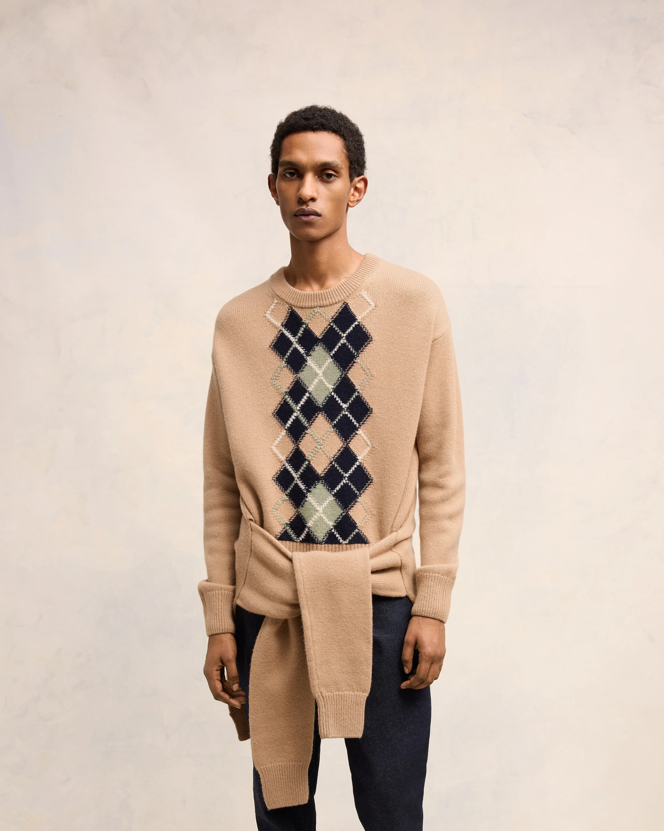 Nude/Navy/Green Aqua Argyle Double Crewneck Sweater - leoleo123123