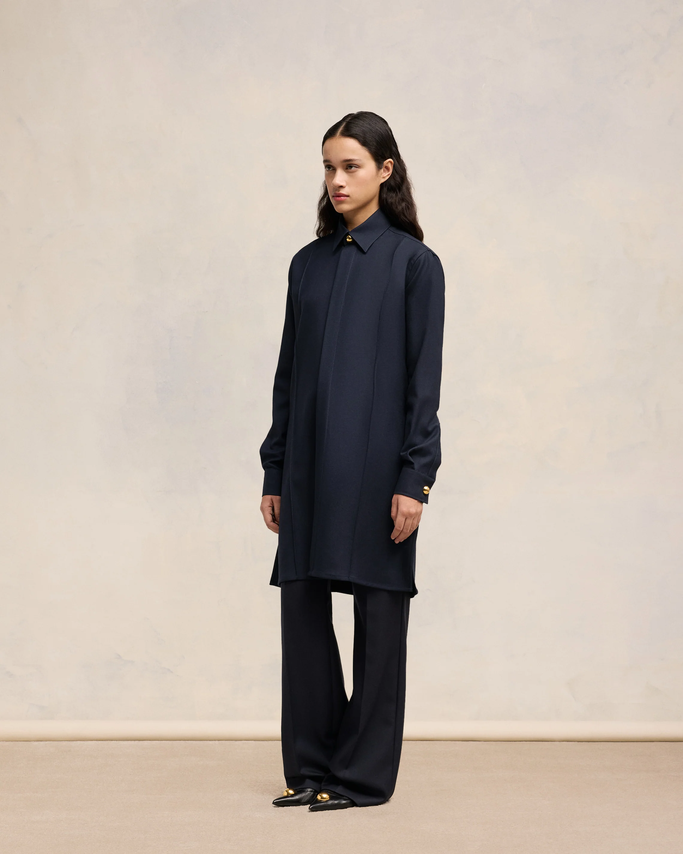 Navy Blue Long Pintuck Shirt - leoleo123123