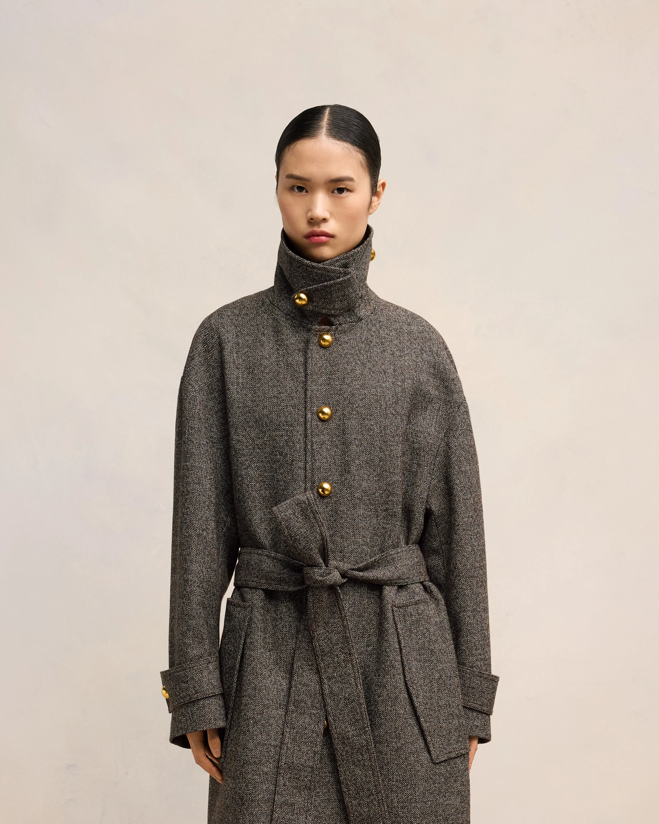Dark Coffee/ Off White Belted Coat - leoleo123123