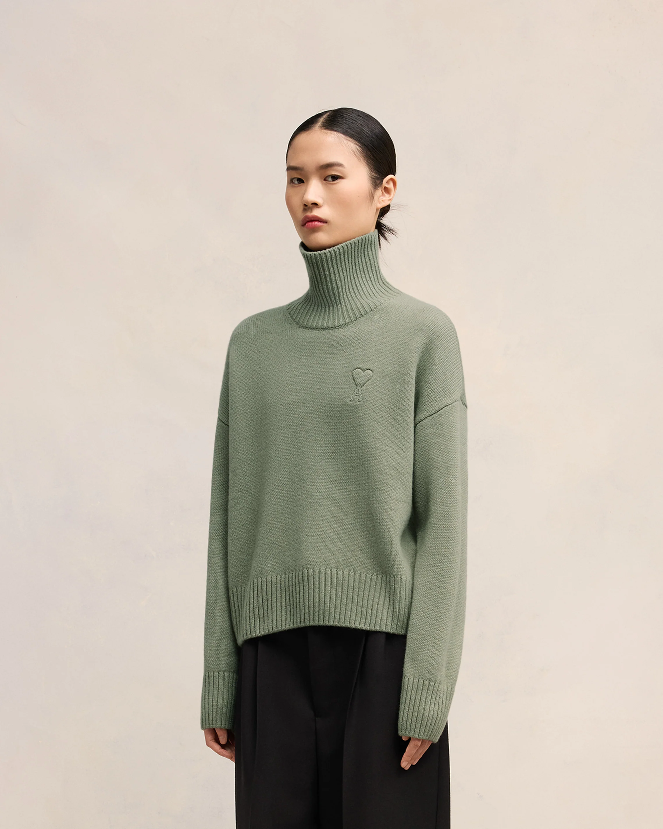 Green Aqua Embossed Ami De Coeur Funnel Neck Sweater - leoleo123123