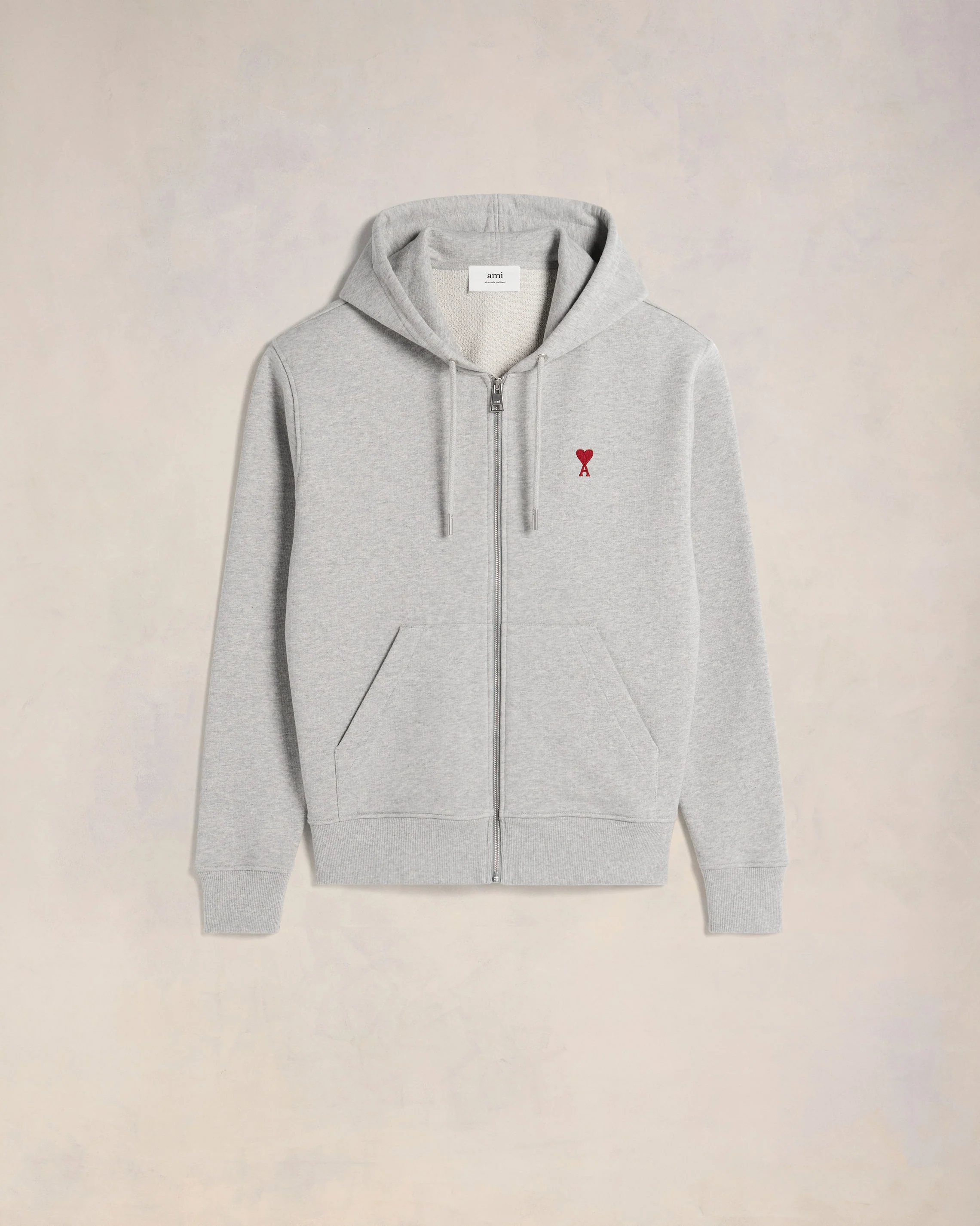 Heather Ash Grey Red Ami De Coeur Zipped Hoodie - leoleo123123