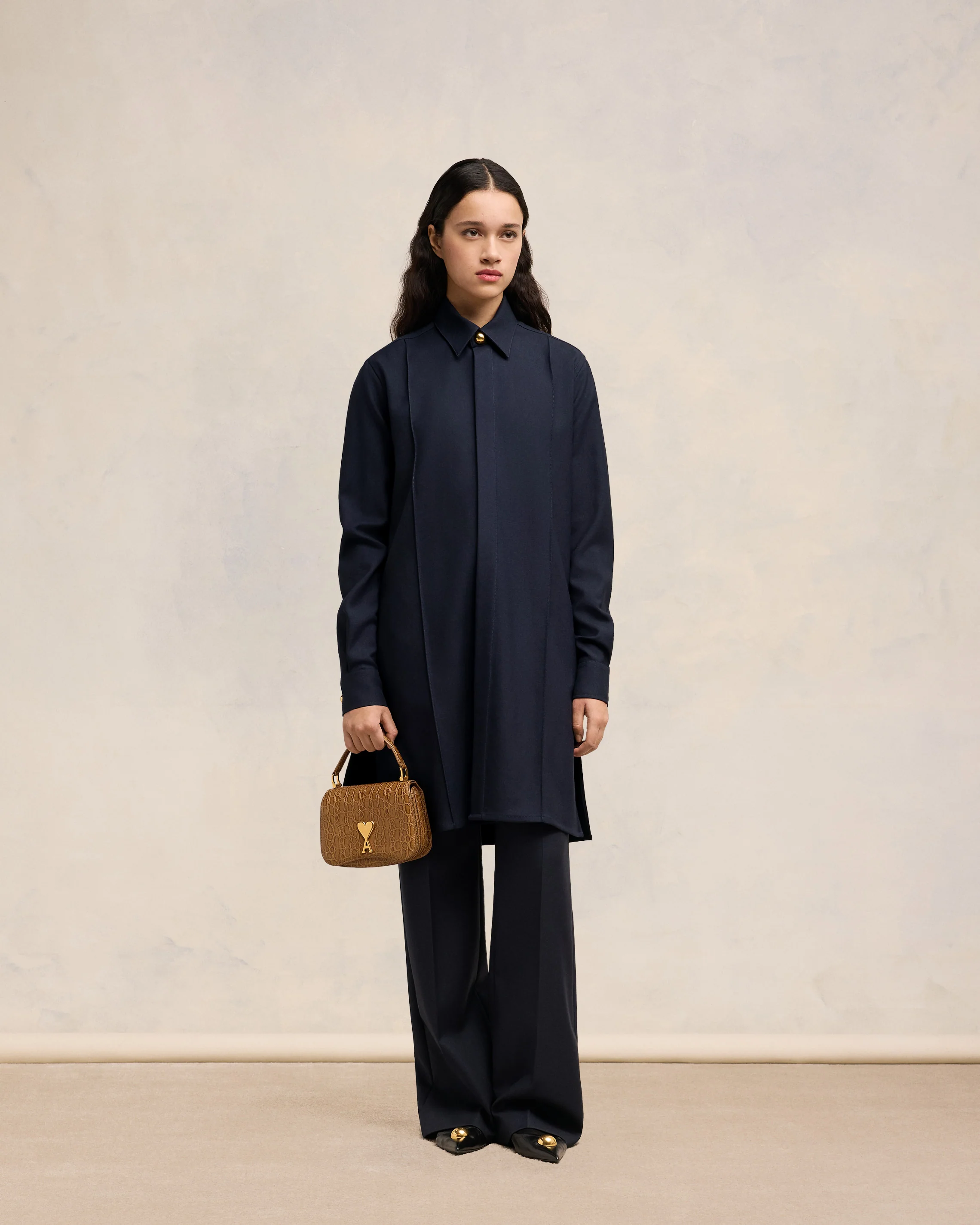 Navy Blue Long Pintuck Shirt - leoleo123123