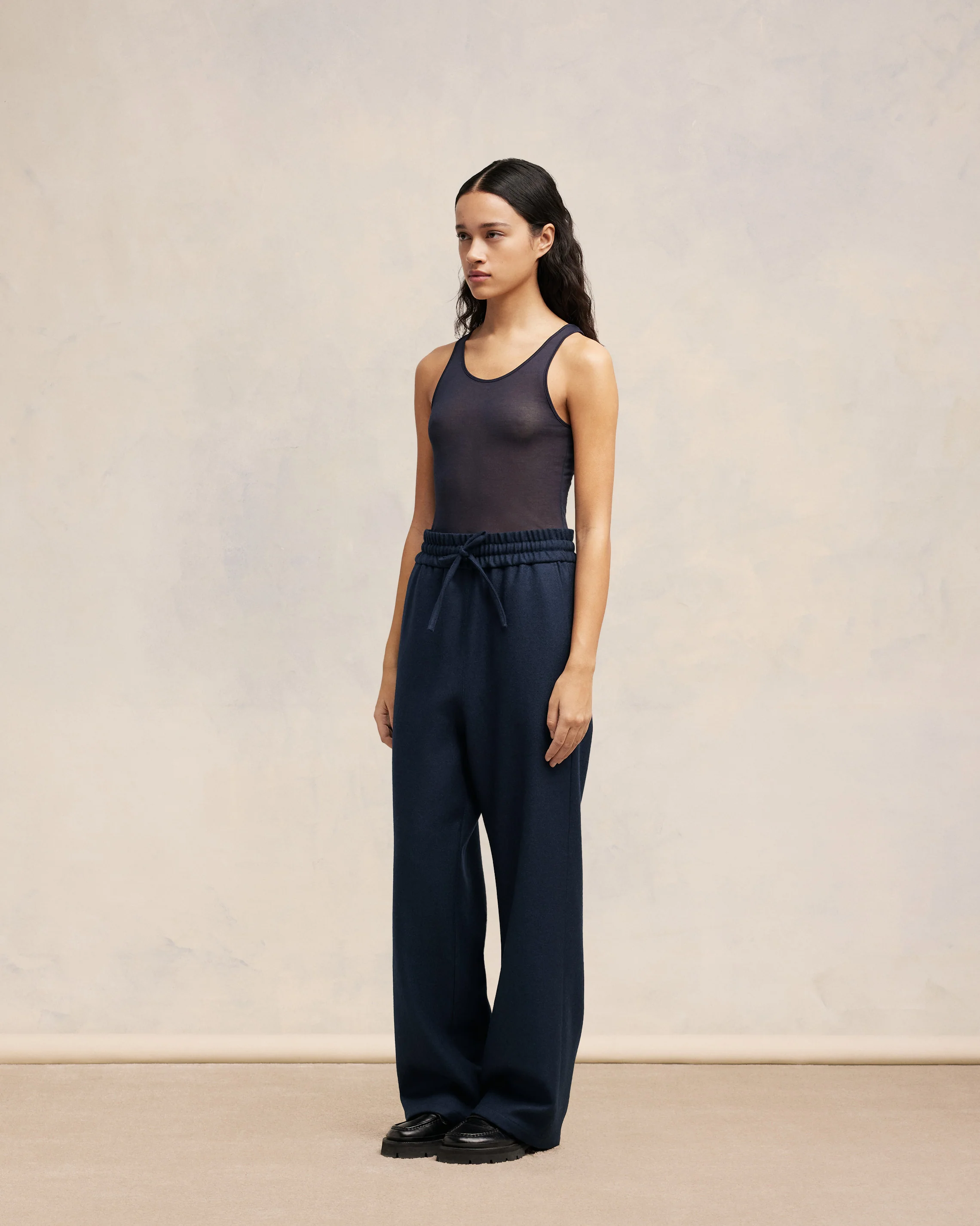 Navy Blue Wide Elasticated Waist Trousers - leoleo123123
