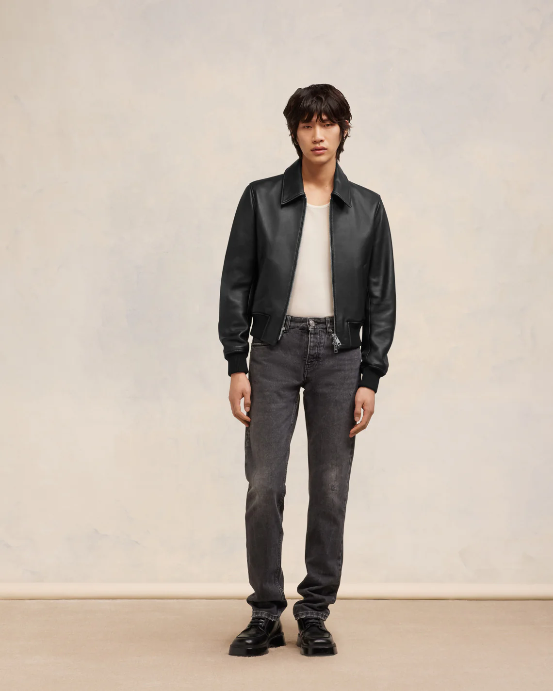 Blouson Zippé En Cuir Noir - leoleo123123