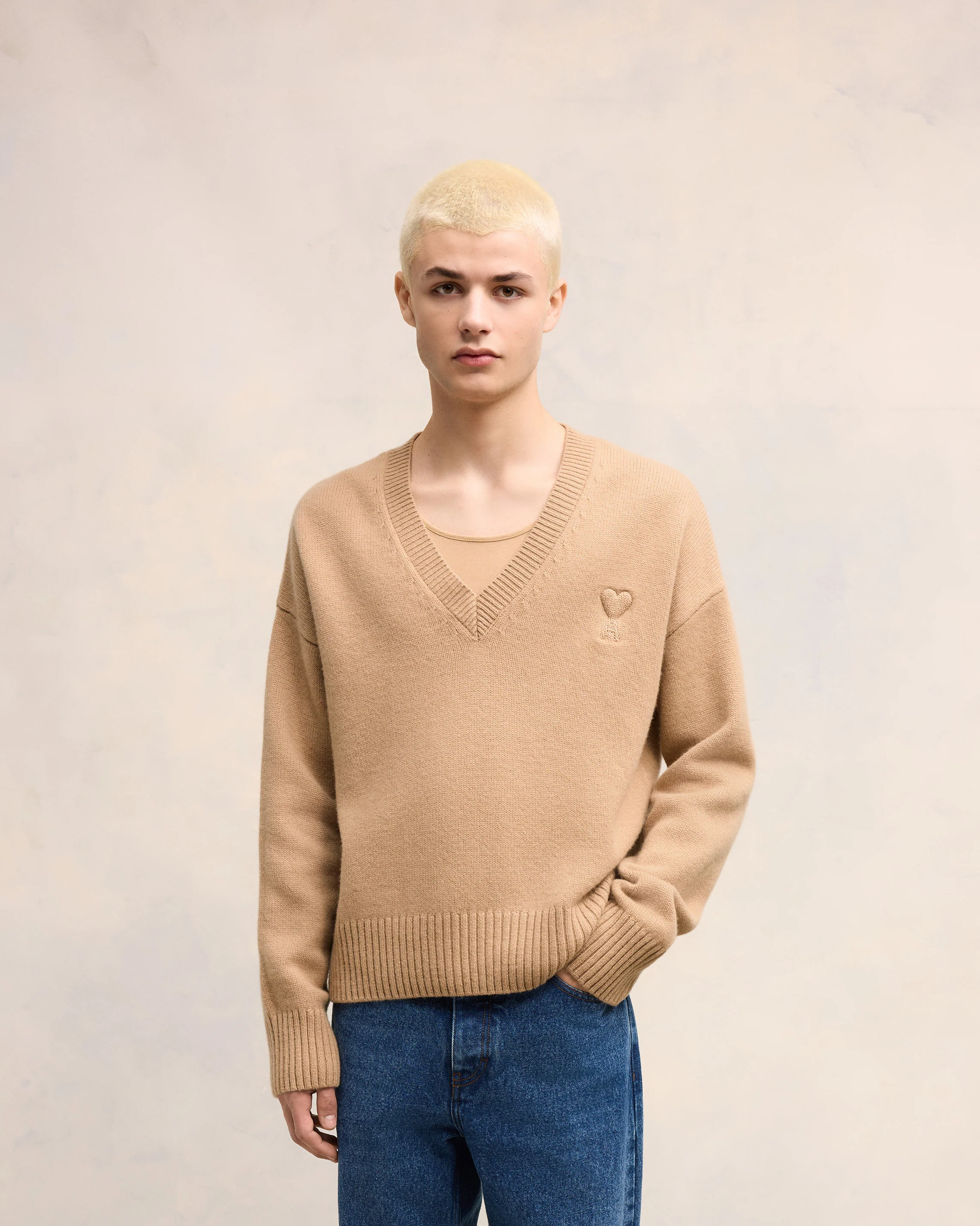 Nude Embossed Ami De Coeur V Neck Sweater - leoleo123123