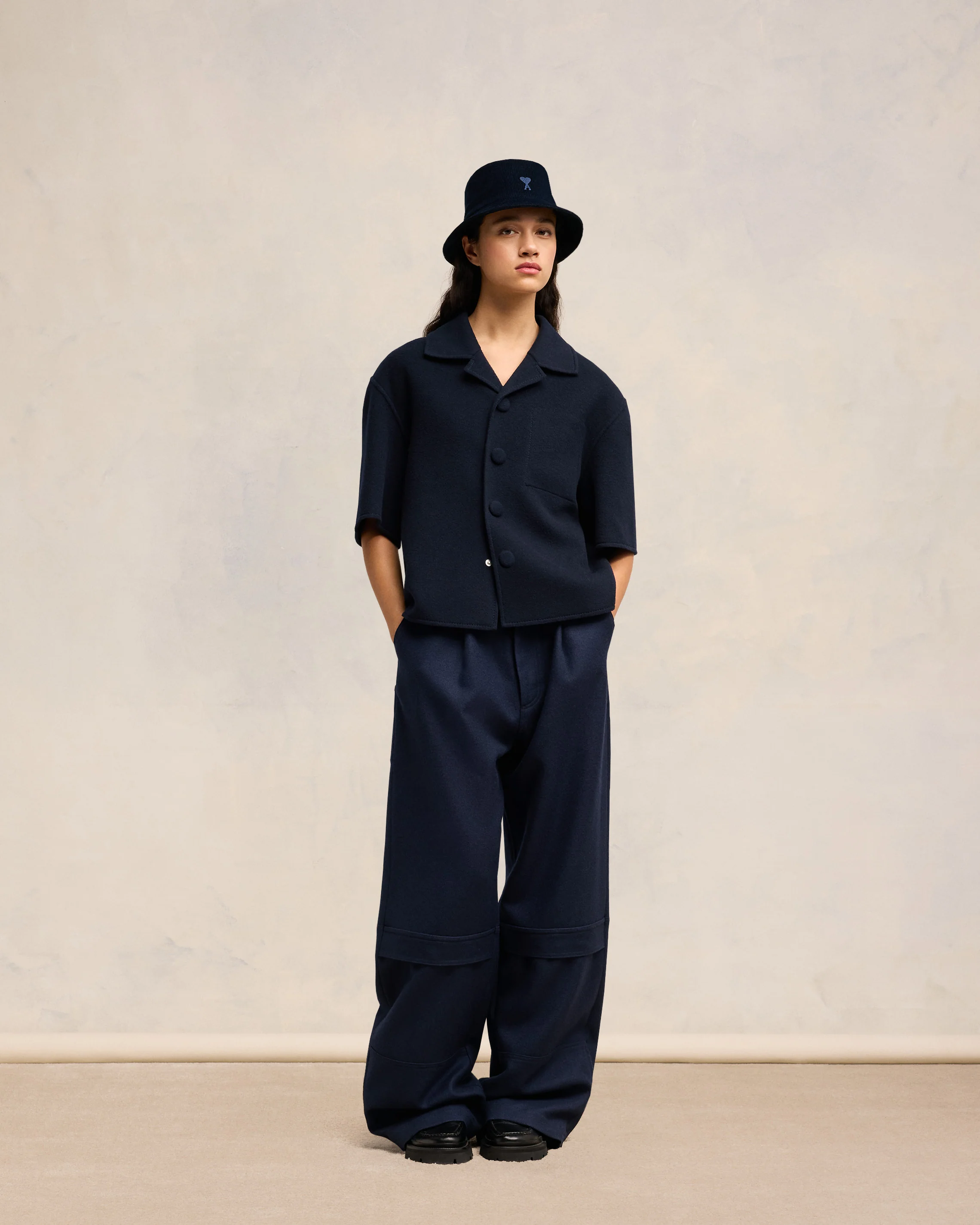 Navy Blue Camp Collar Jacket - leoleo123123