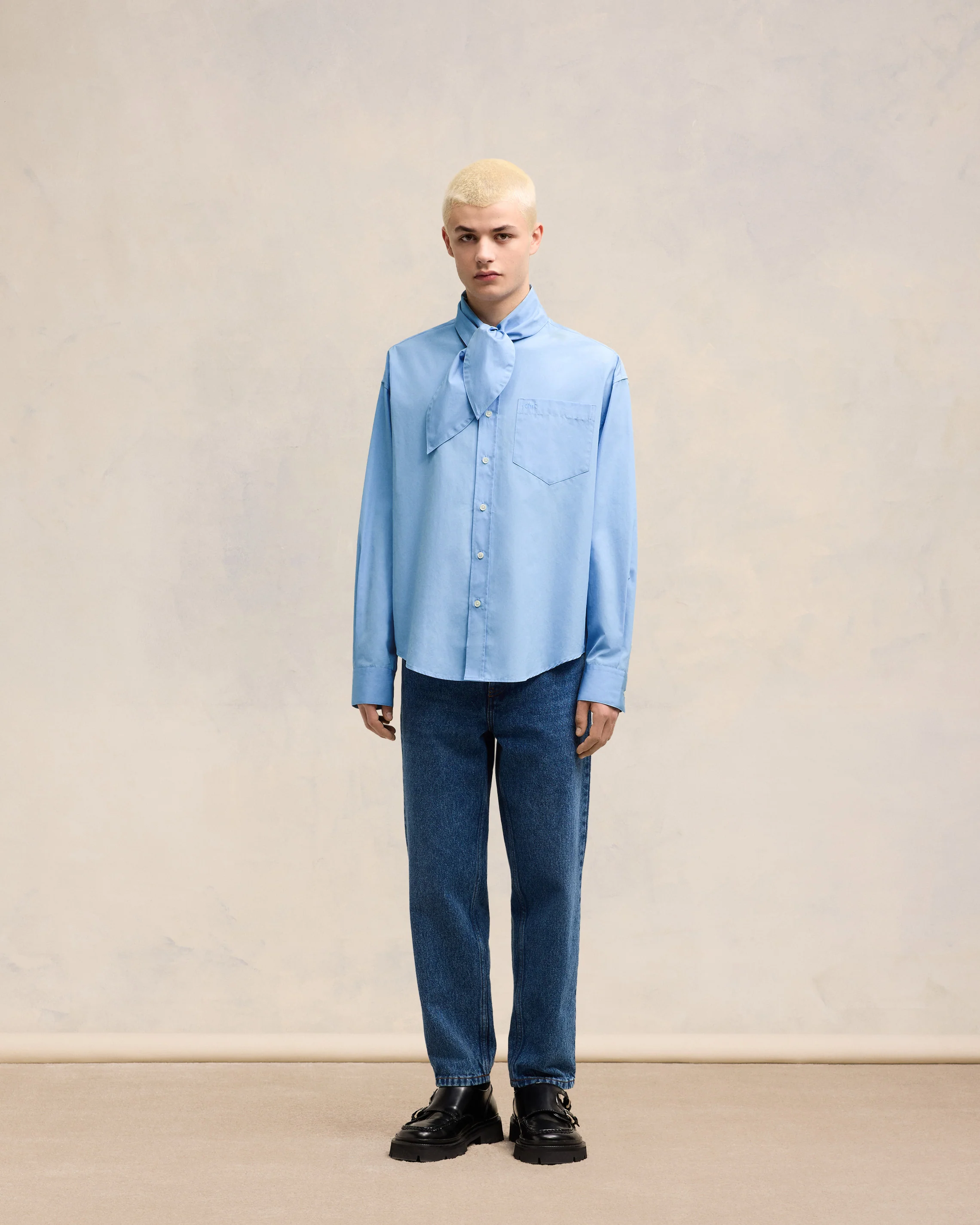 Cashmere Blue Scarf Collar Shirt - leoleo123123