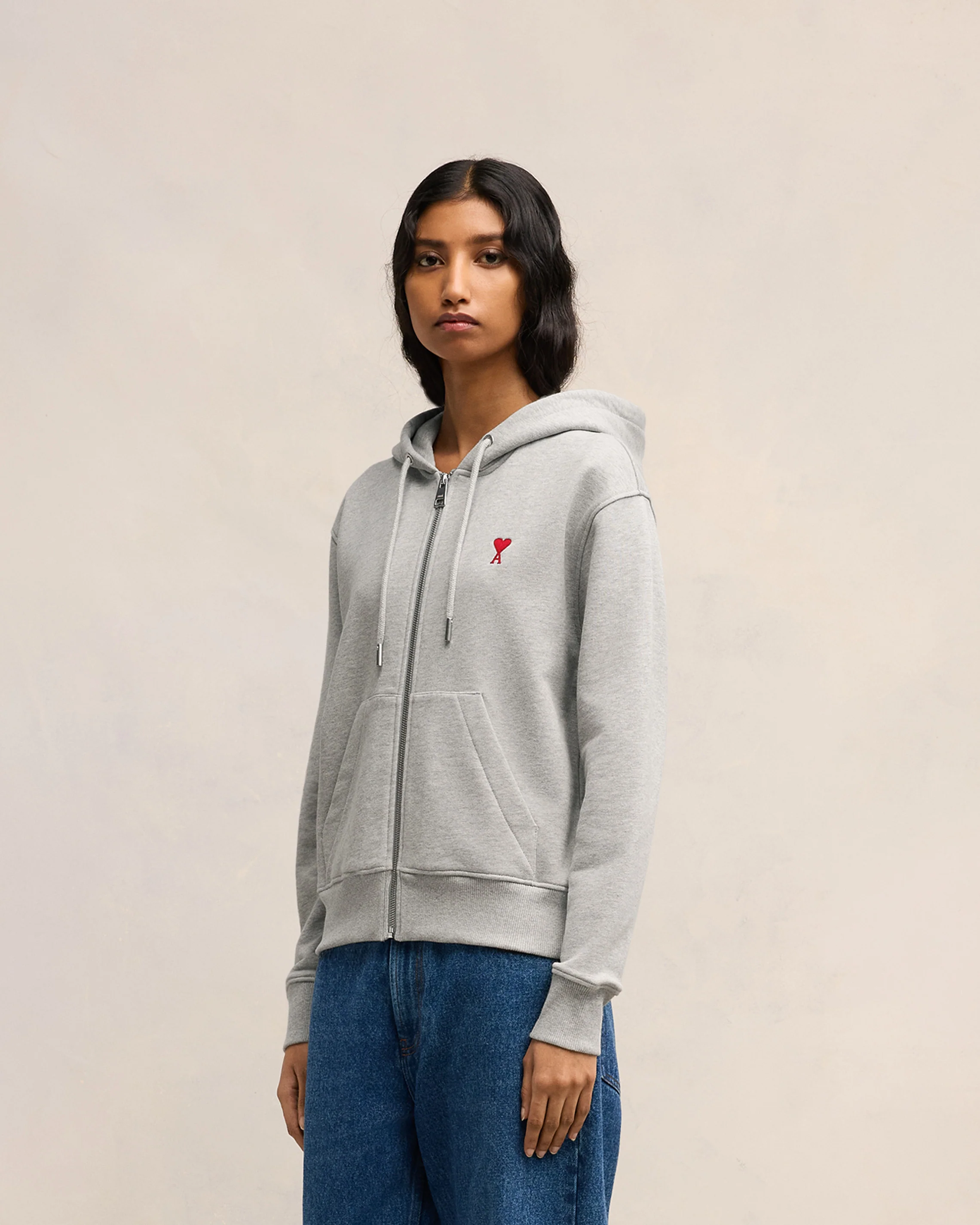 Heather Ash Grey Red Ami De Coeur Zipped Hoodie - leoleo123123