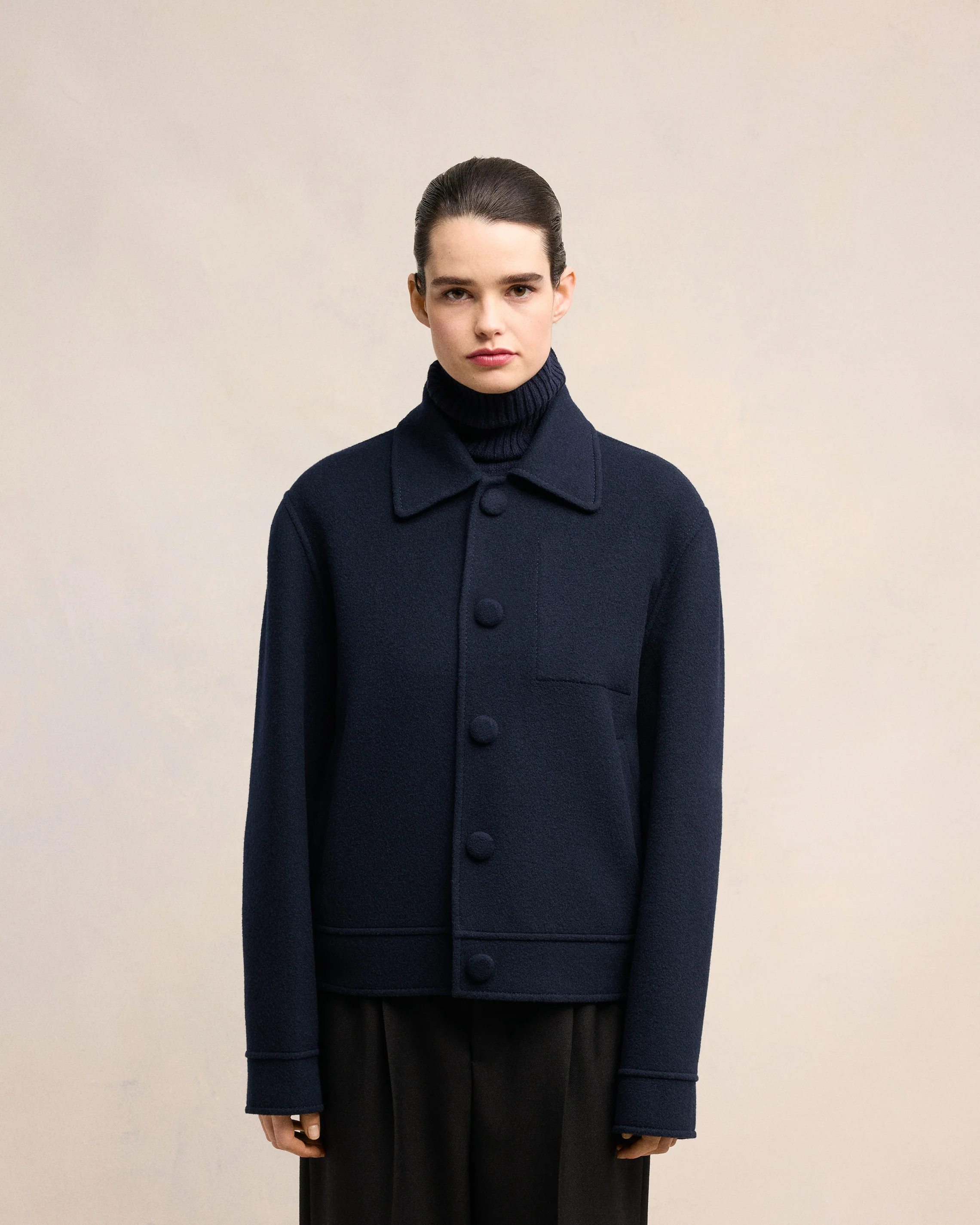 Navy Blue Boxy Buttoned Jacket - leoleo123123