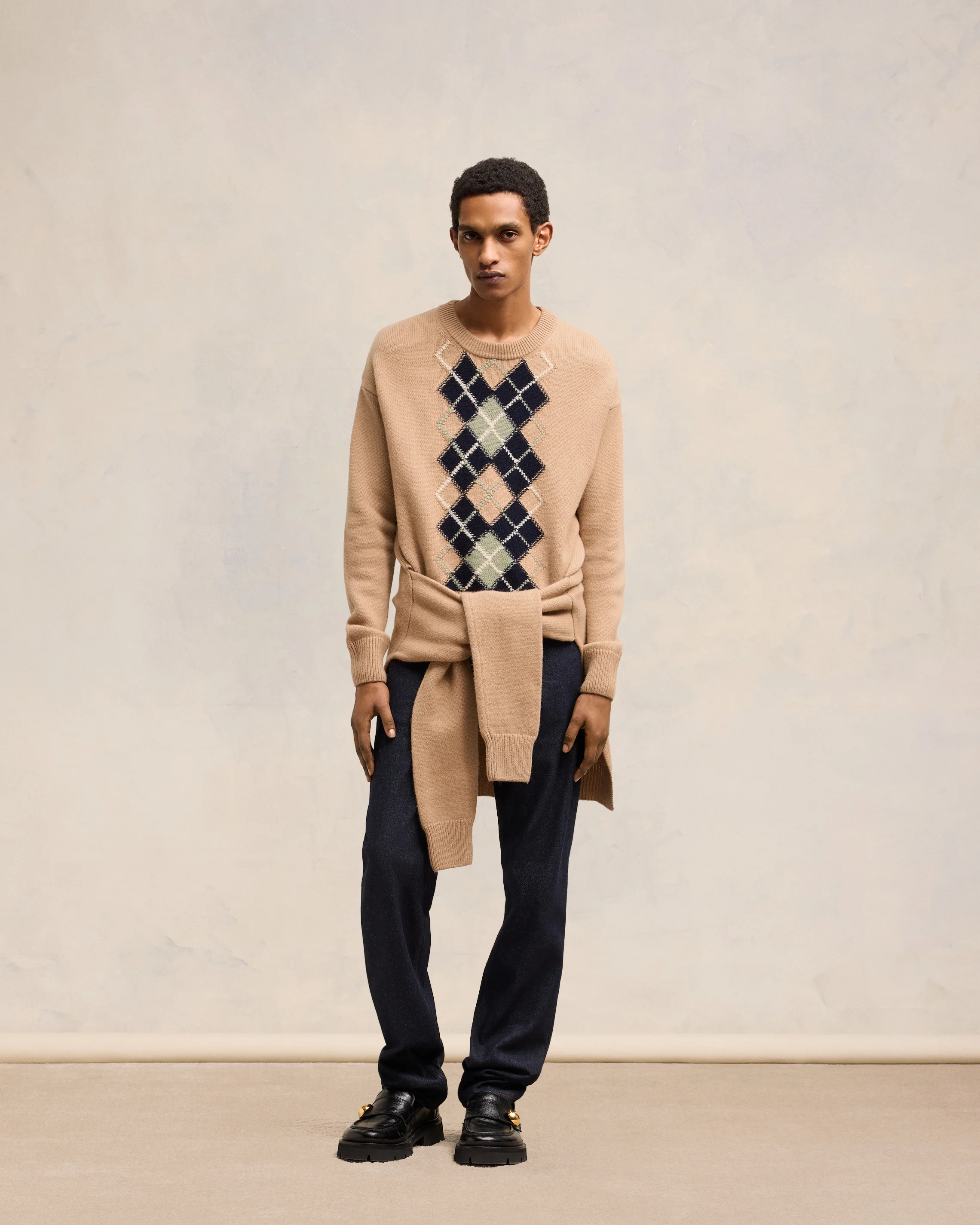 Nude/Navy/Green Aqua Argyle Double Crewneck Sweater - leoleo123123