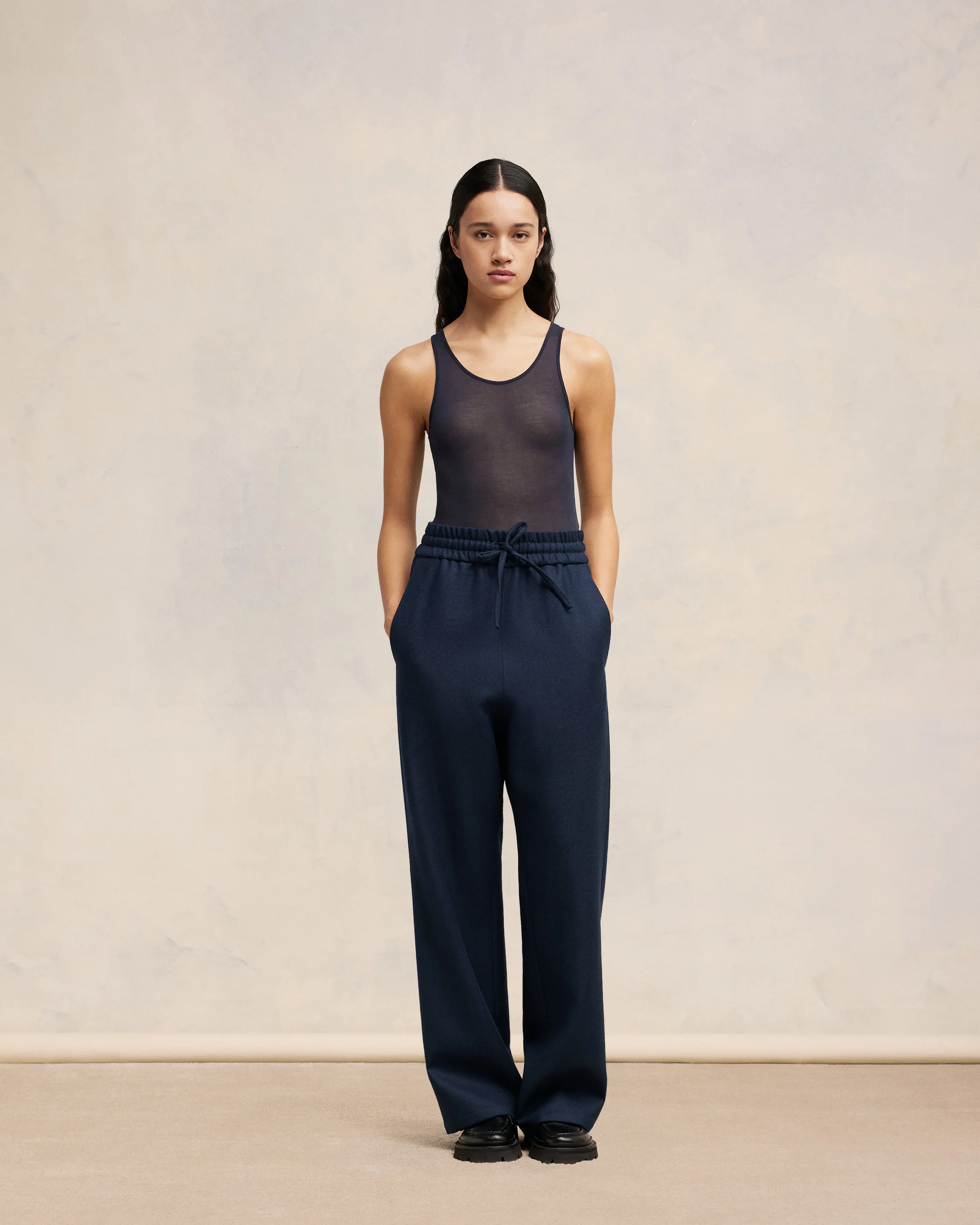 Navy Blue Wide Elasticated Waist Trousers - leoleo123123