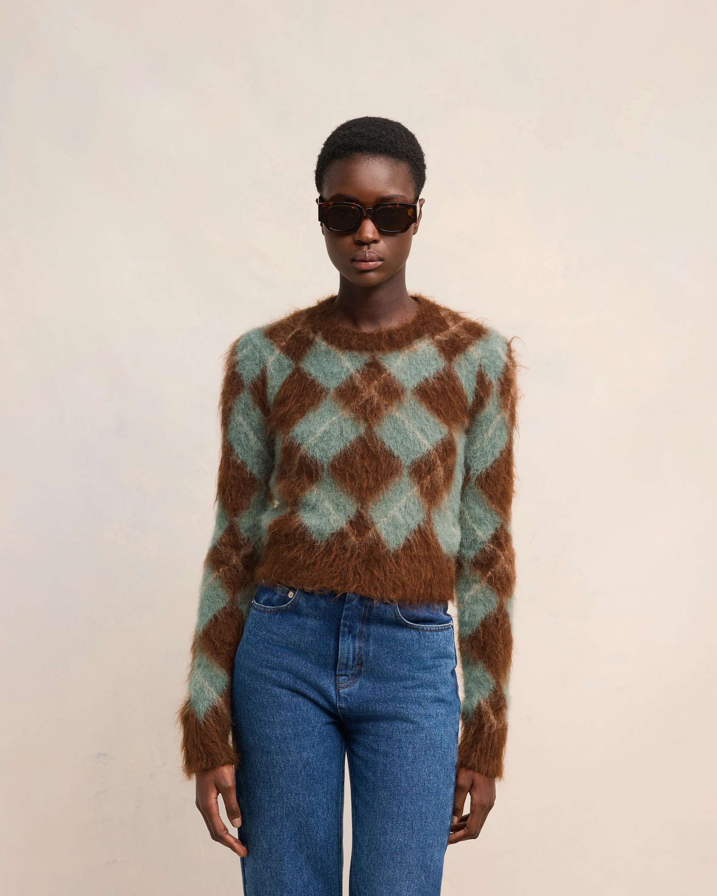 Fawn/Antique Clay Alpaca Mohair Brushed Argyle Sweater - leoleo123123