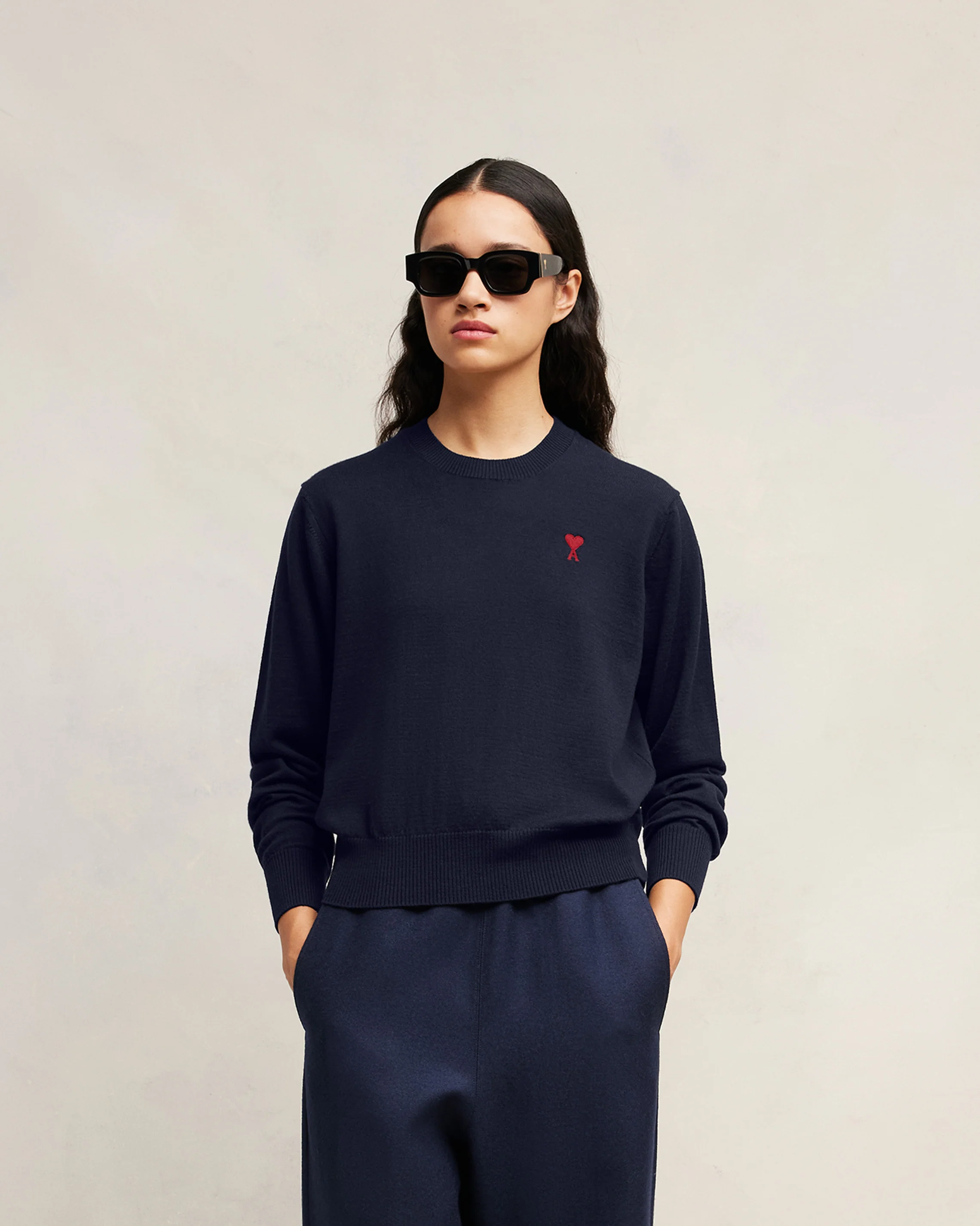 Night Blue Red Ami De Coeur Crew Neck Sweater - leoleo123123