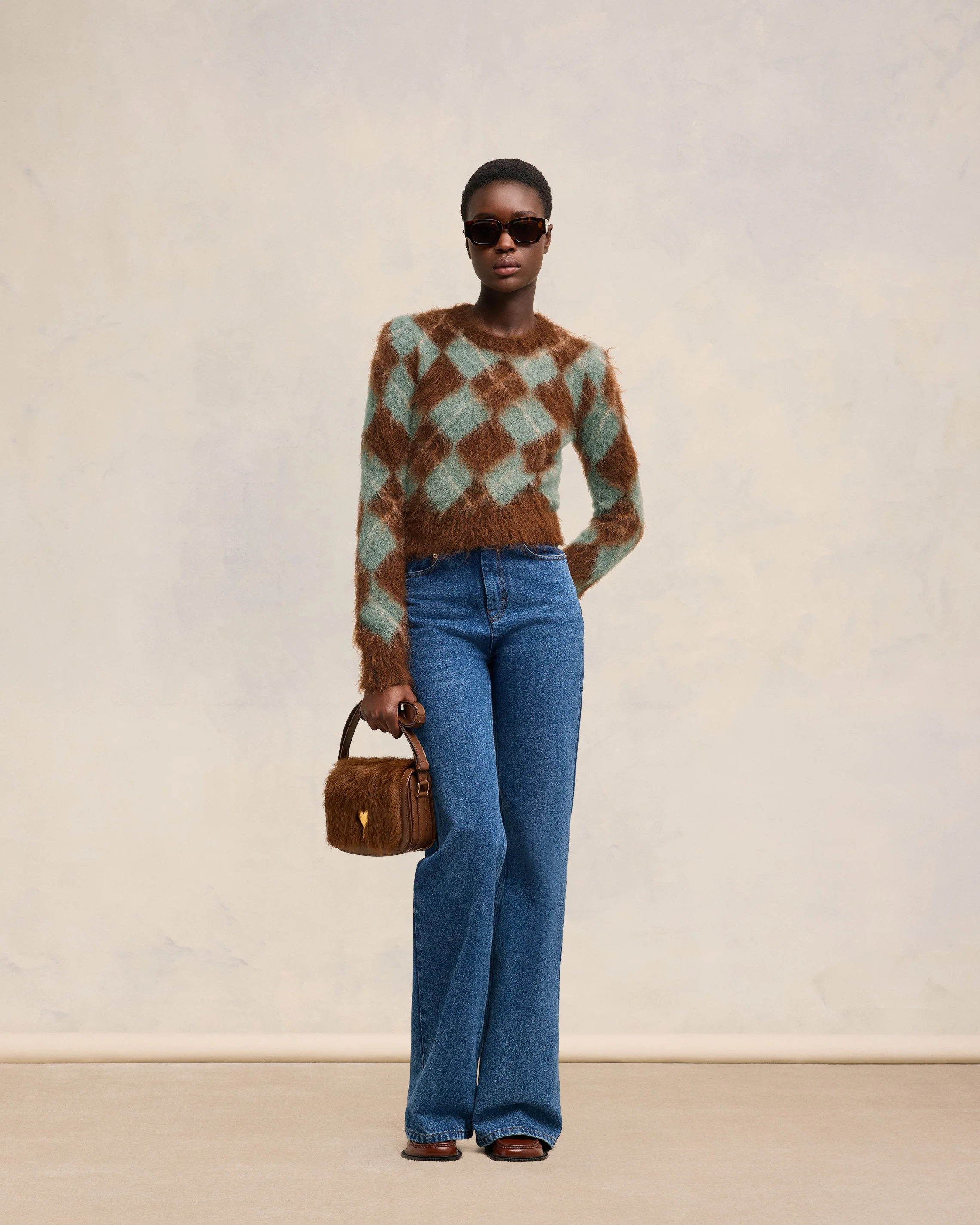 Fawn/Antique Clay Alpaca Mohair Brushed Argyle Sweater - leoleo123123