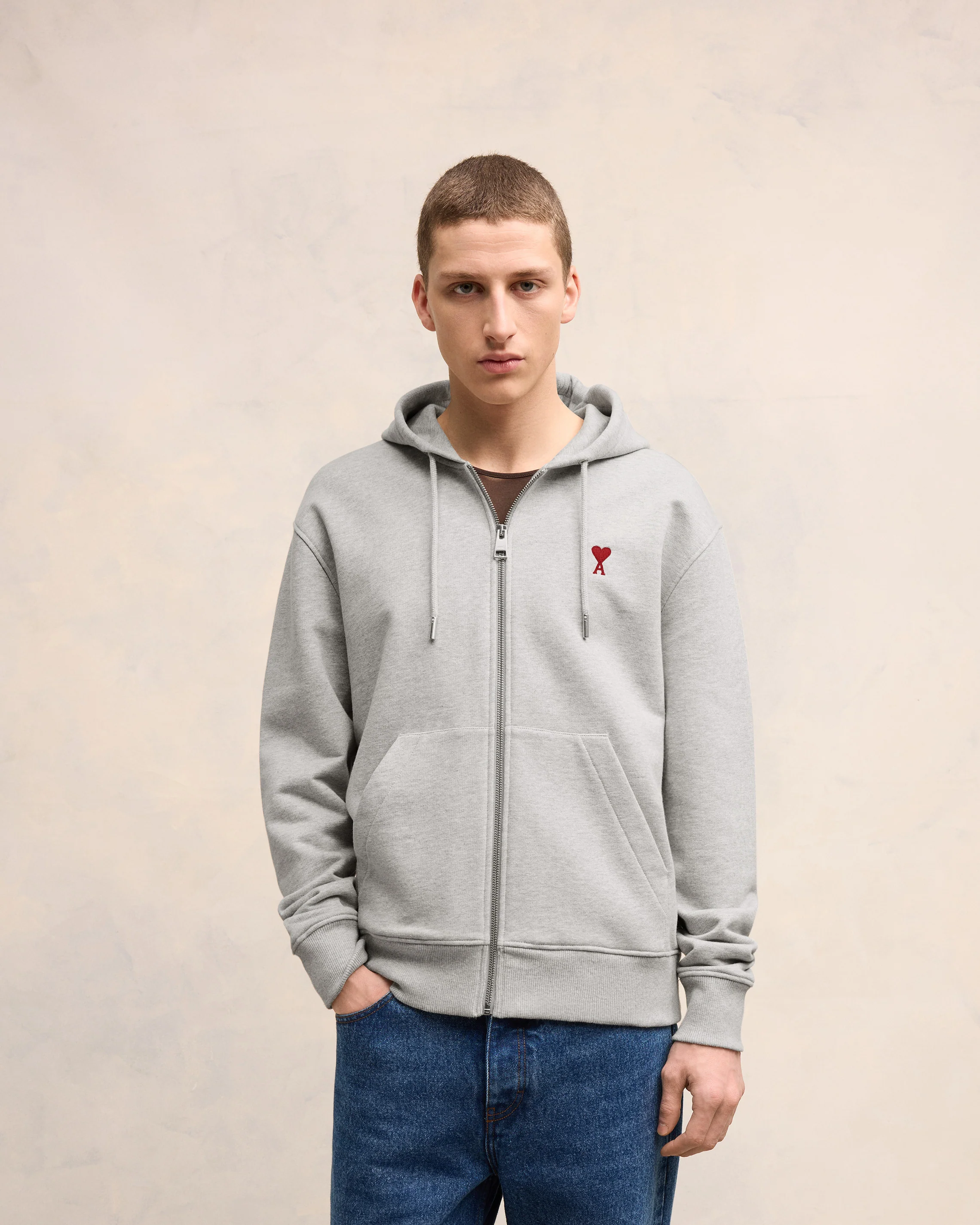 Heather Ash Grey Red Ami De Coeur Zipped Hoodie - leoleo123123