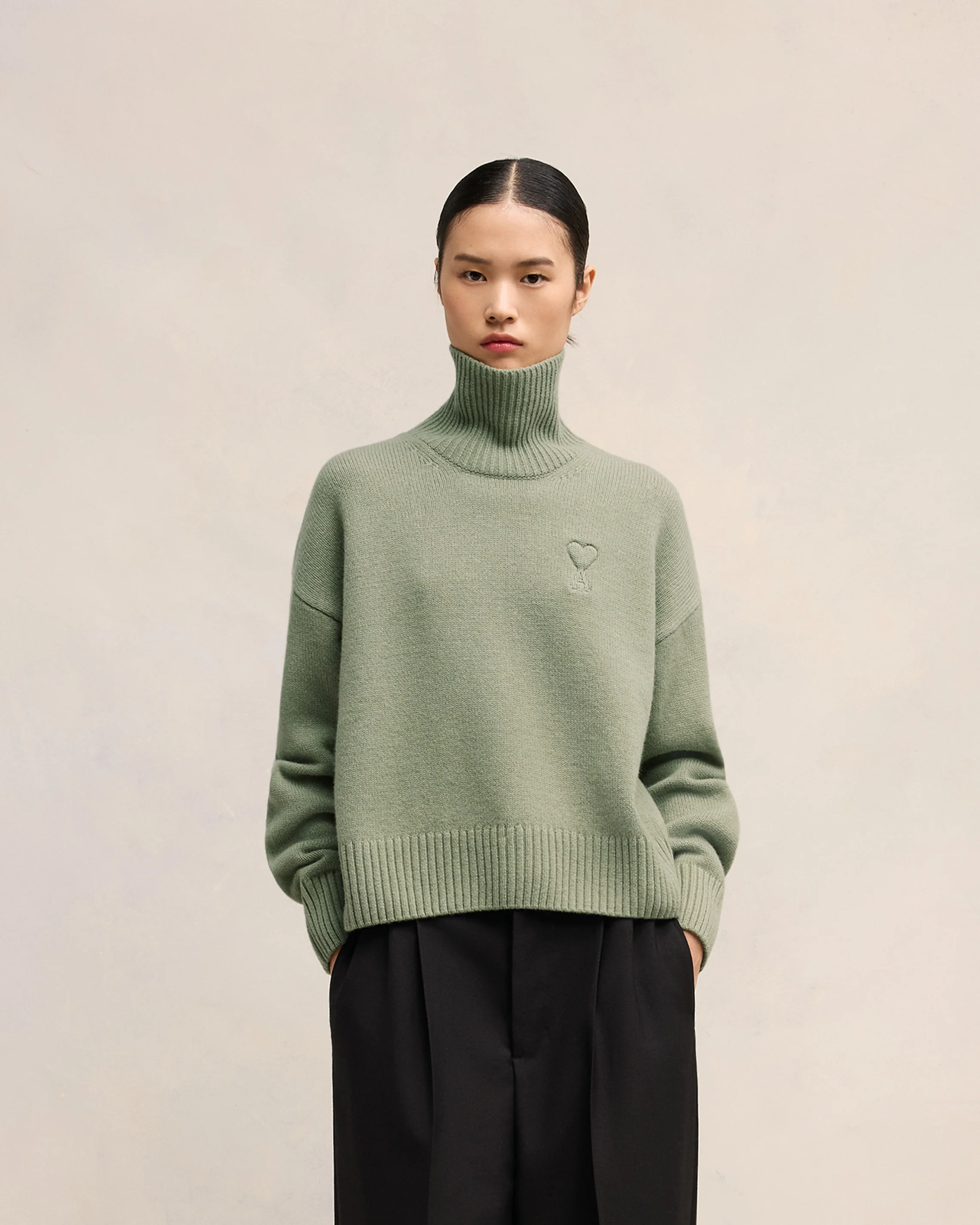 Green Aqua Embossed Ami De Coeur Funnel Neck Sweater - leoleo123123