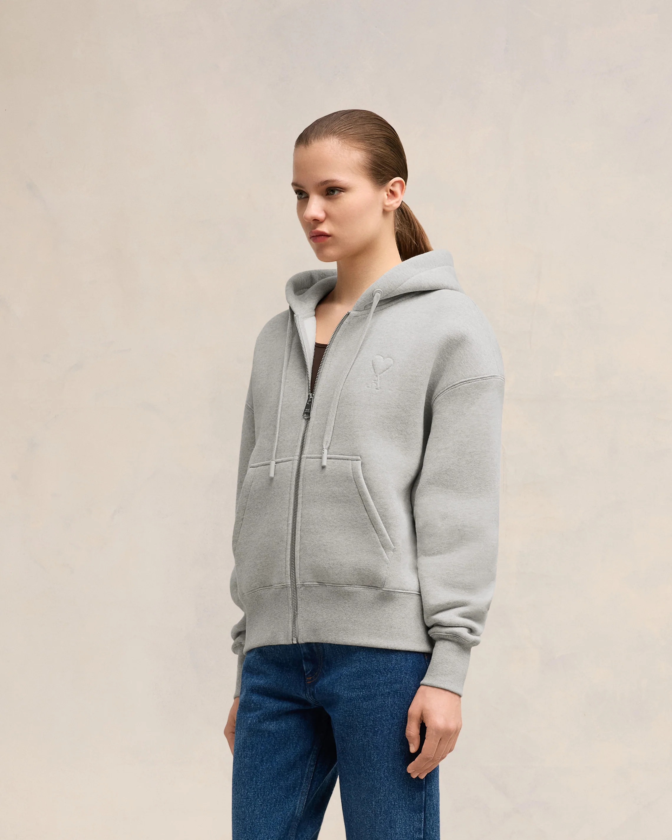 Heather Ash Grey Zipped Ami De Coeur Hoodie - leoleo123123