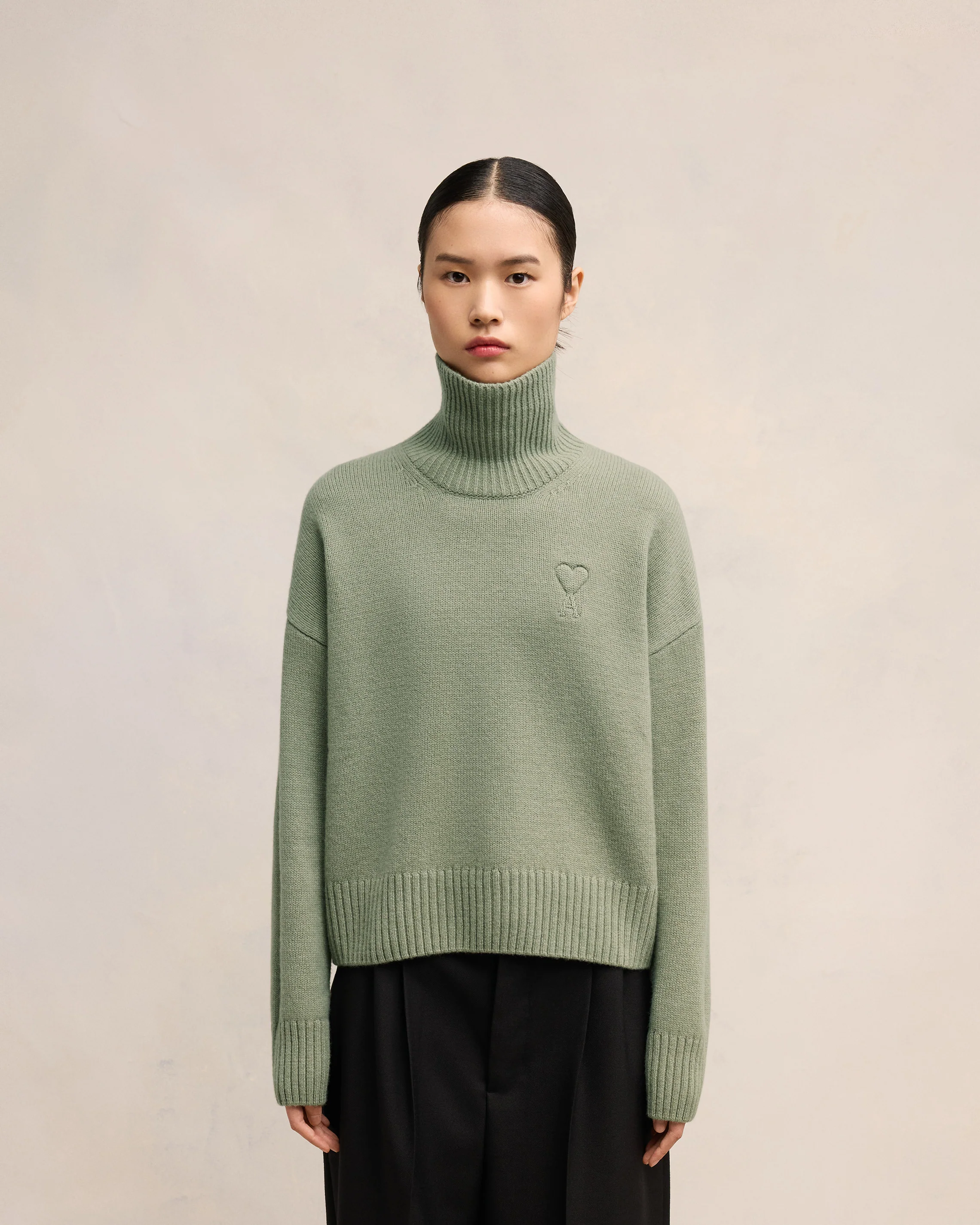 Green Aqua Embossed Ami De Coeur Funnel Neck Sweater - leoleo123123