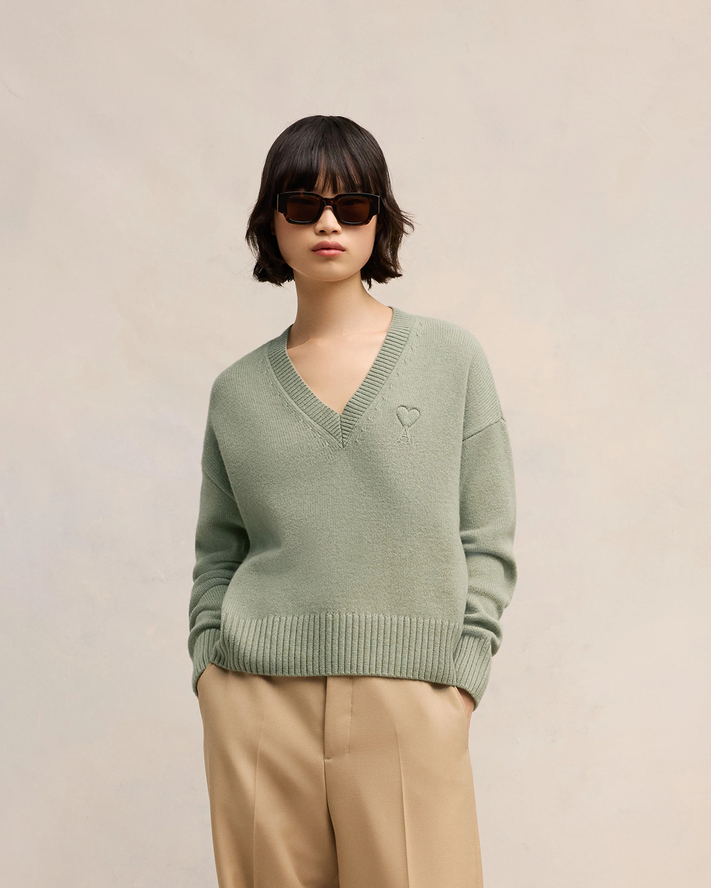 Green Aqua Embossed Ami De Coeur V Neck Sweater - leoleo123123