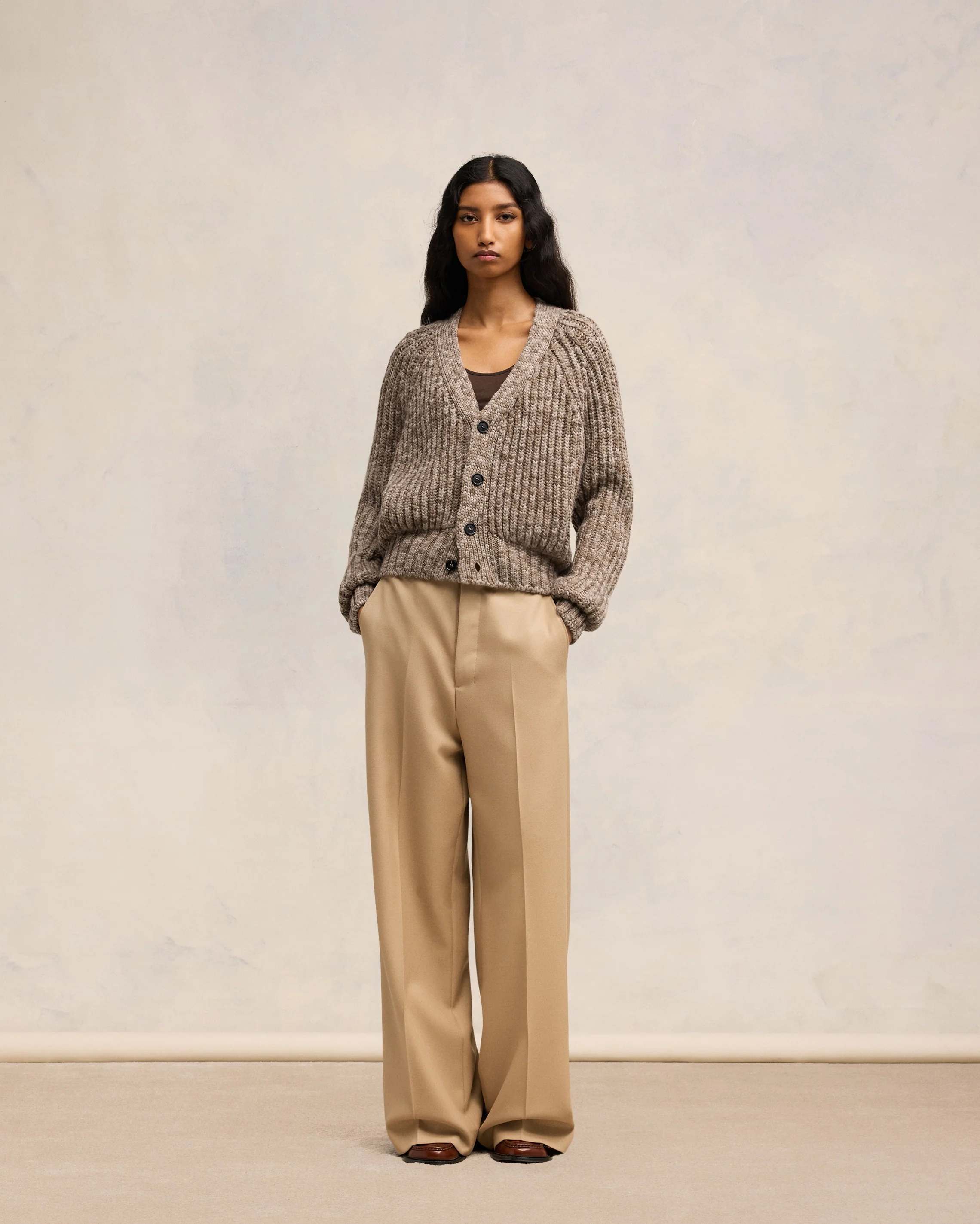 Dark Coffe/Light Sand Ribbed Cardigan - leoleo123123
