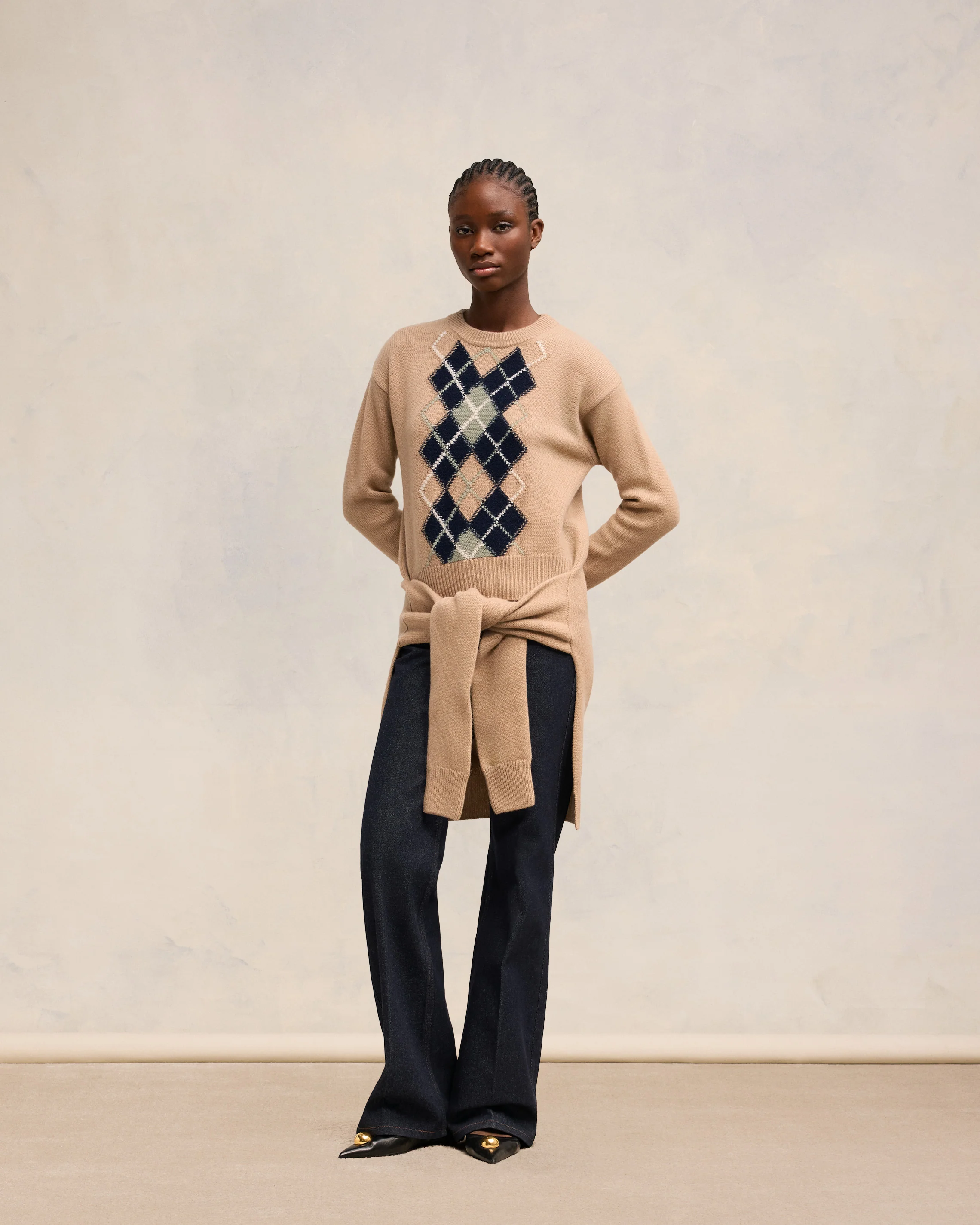 Nude/Navy/Green Aqua Argyle Double Crewneck Sweater - leoleo123123