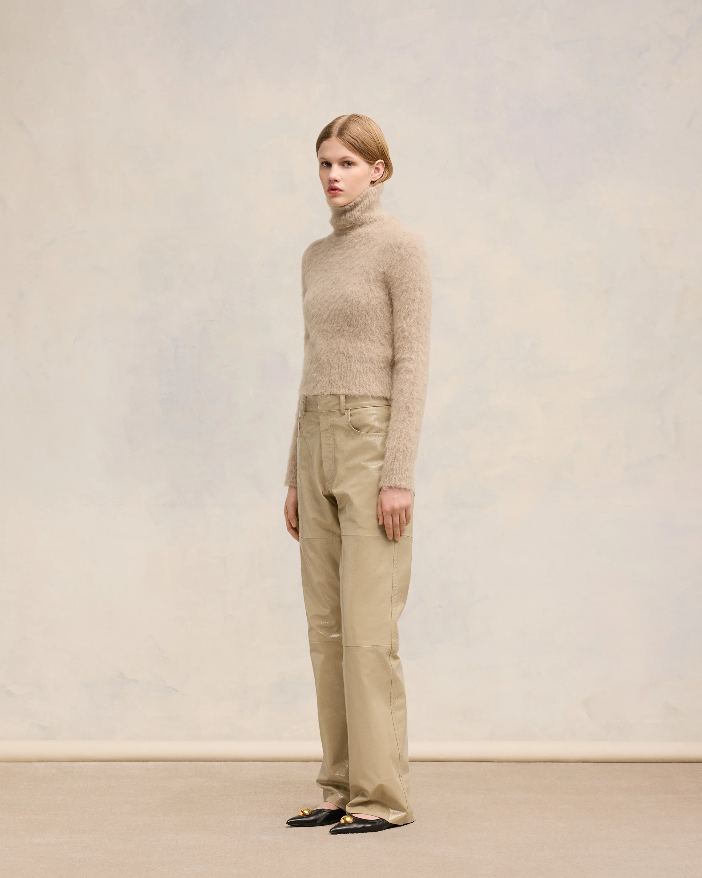 Light Sand Leather Straight Fit Trousers - leoleo123123