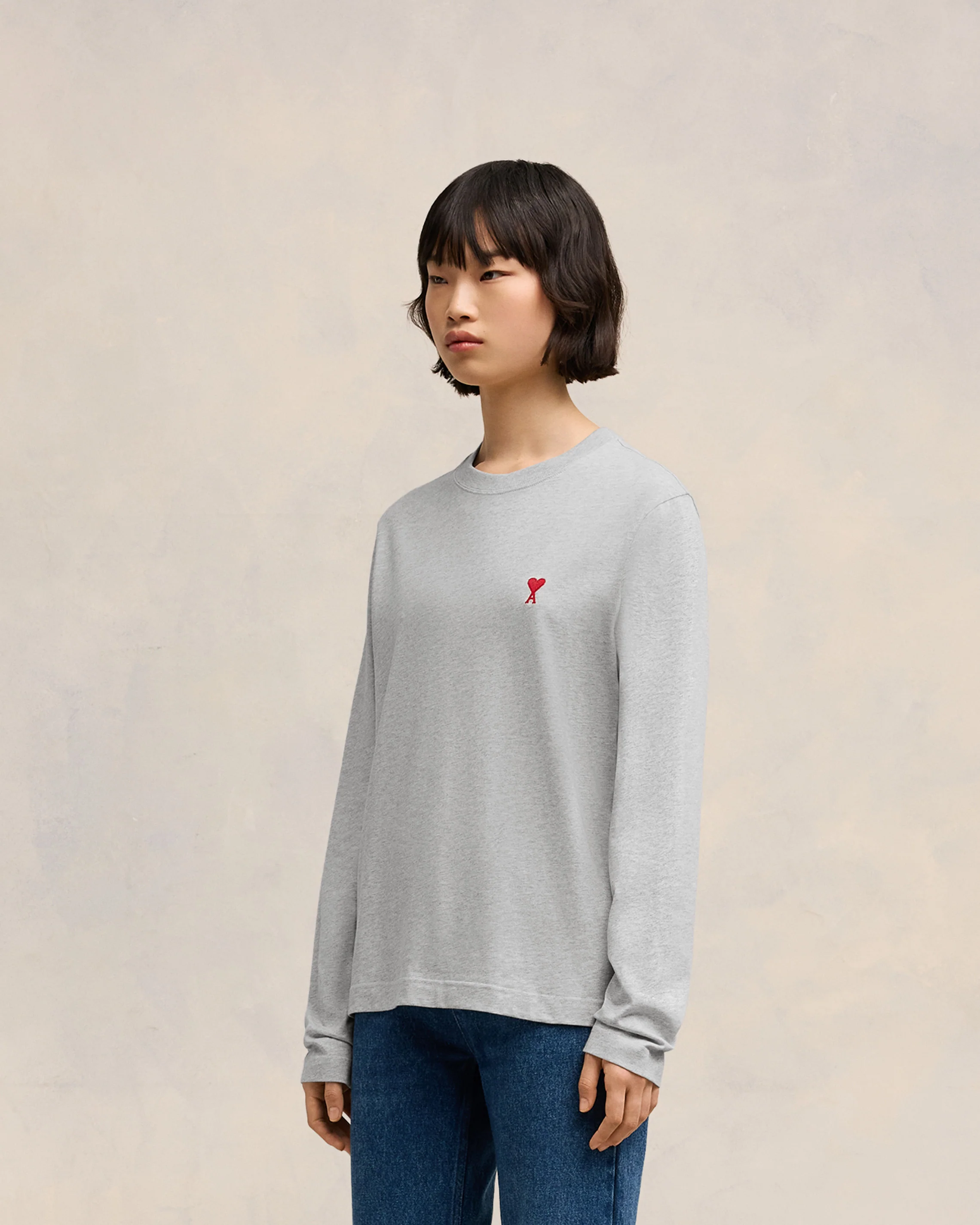 Heather Ash Grey Red Ami De Coeur Long Sleeves T-Shirt - leoleo123123