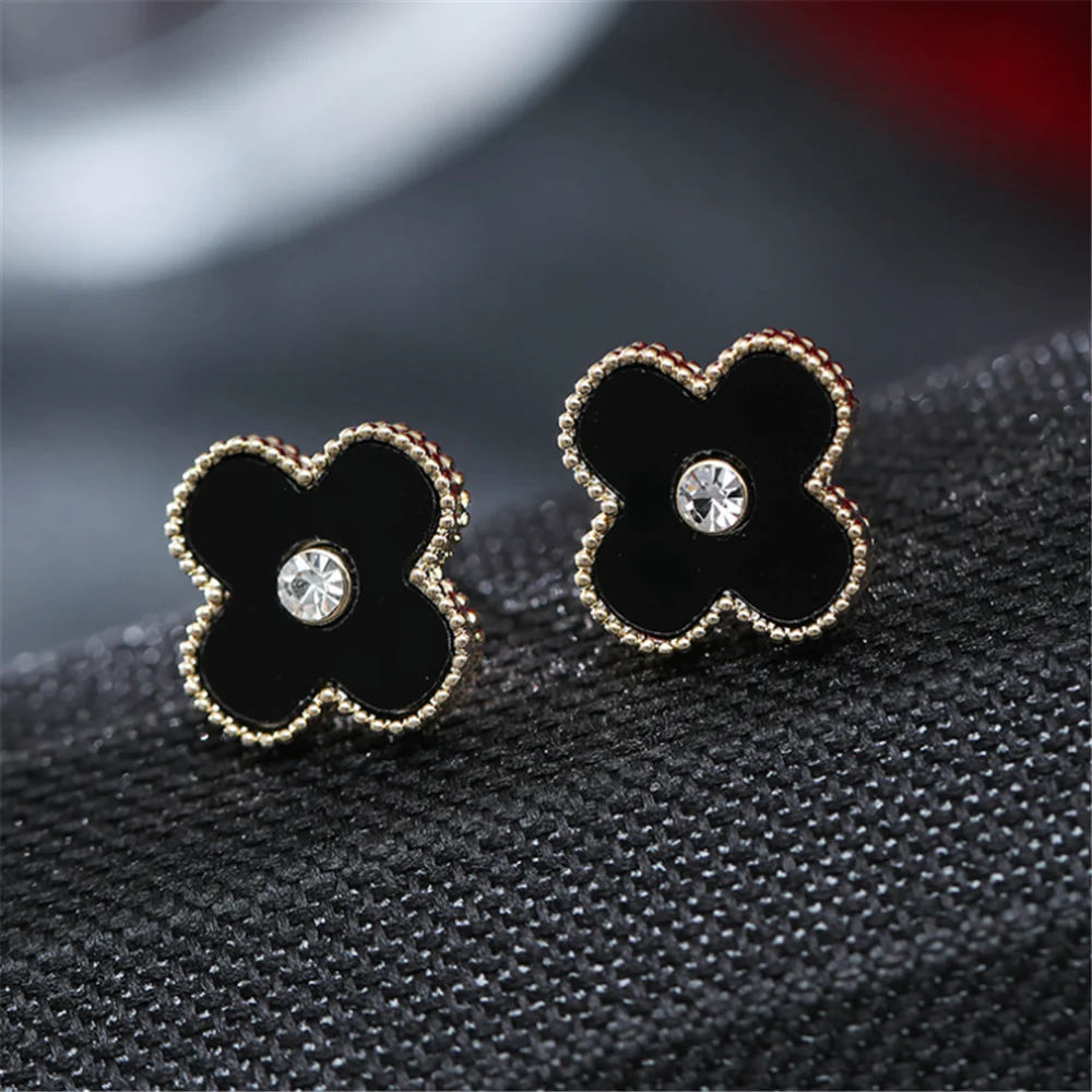 Rose Gold Black Lucky Floral Studs Earrings