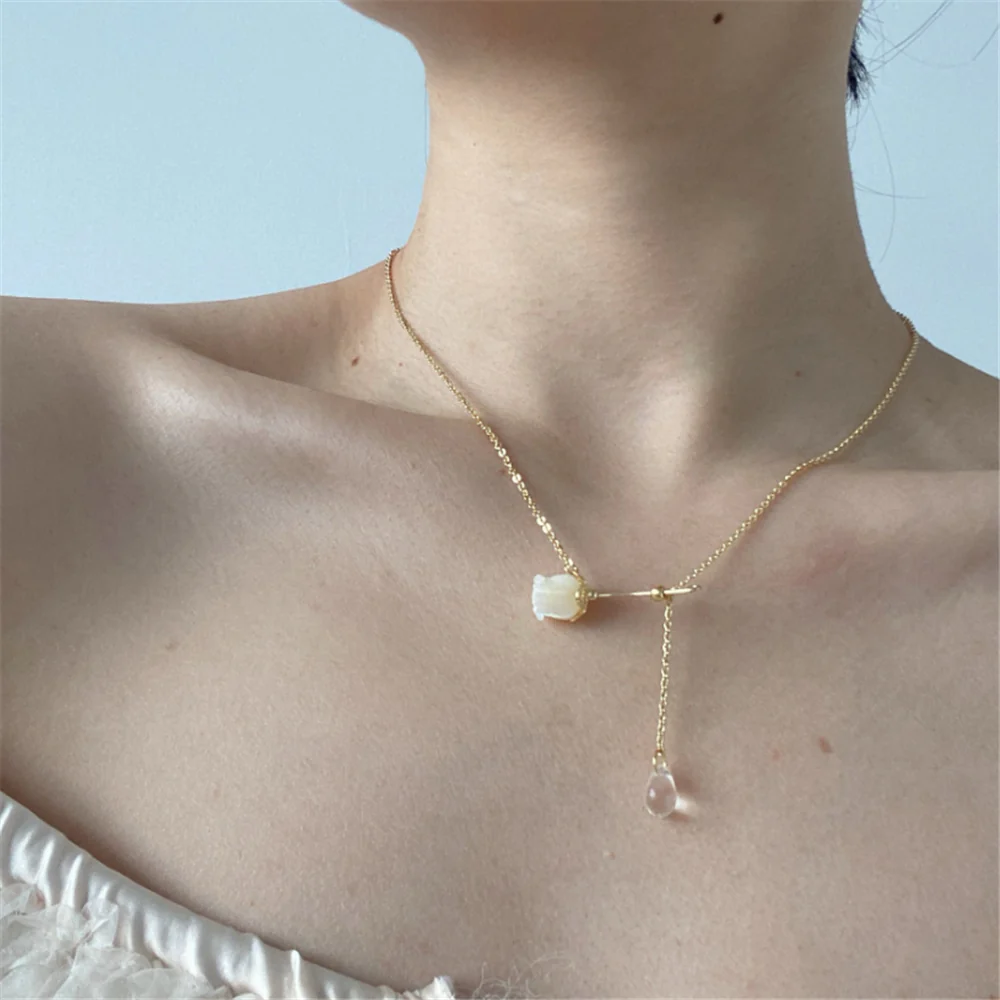 White Rose Crystal Dangle Pendant Necklaces