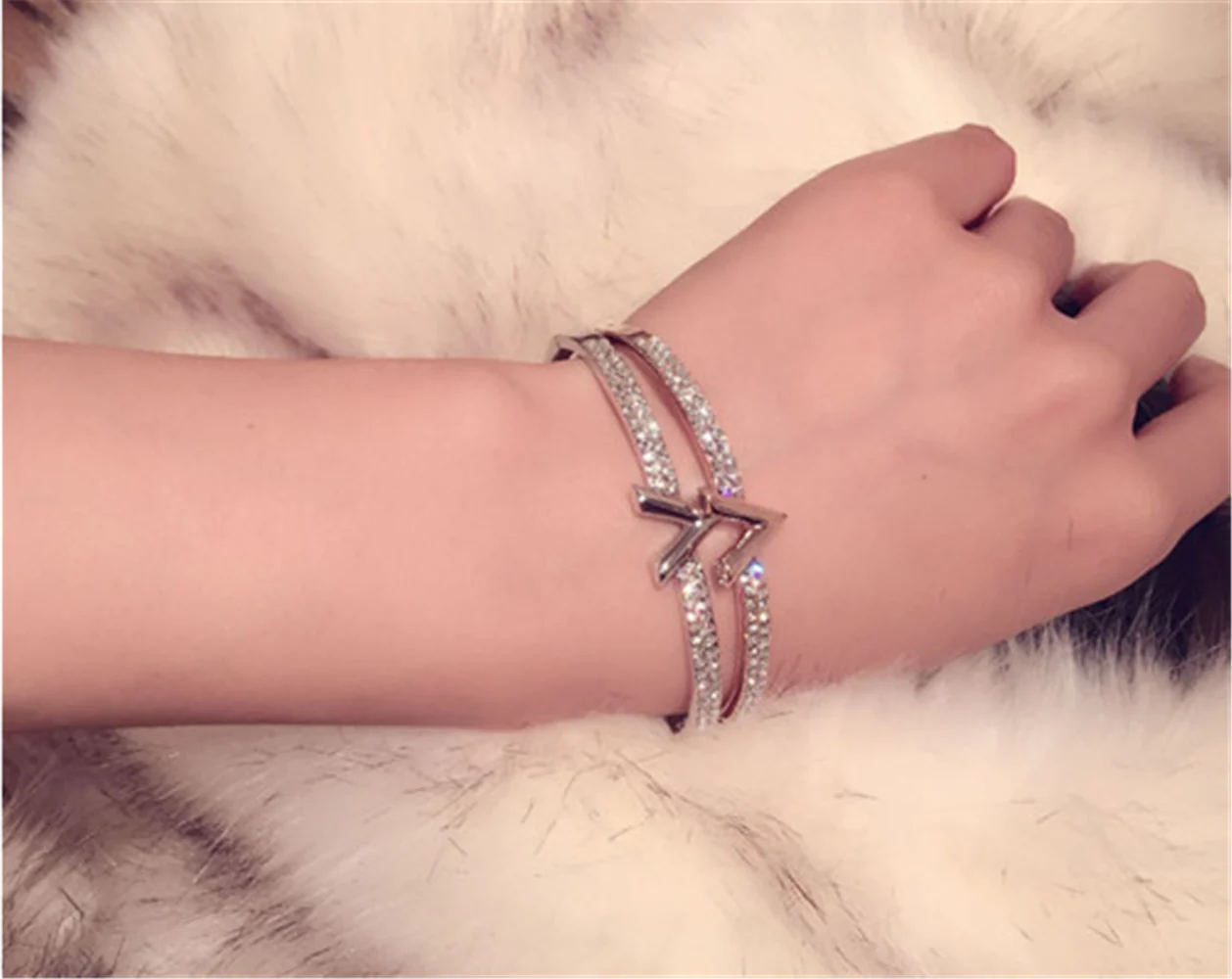 Rhinestones Lucky V Initial Bangle Bracelet