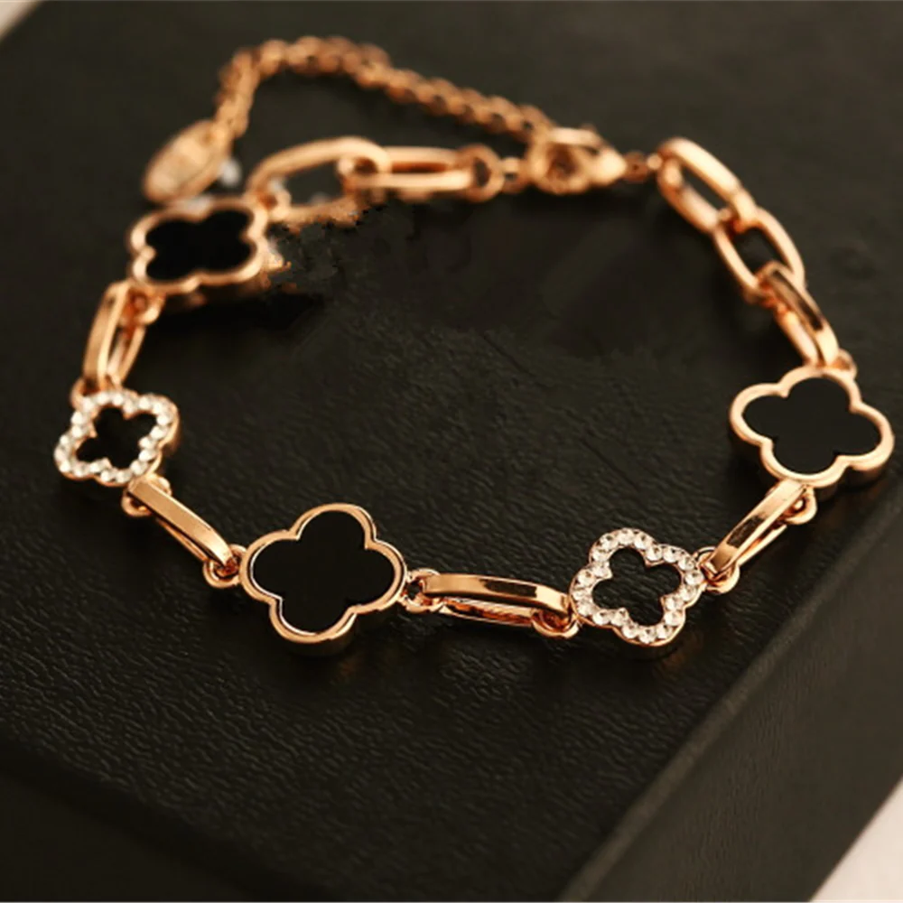 Rose Gold Black Lucky Floral Charms Bracelets